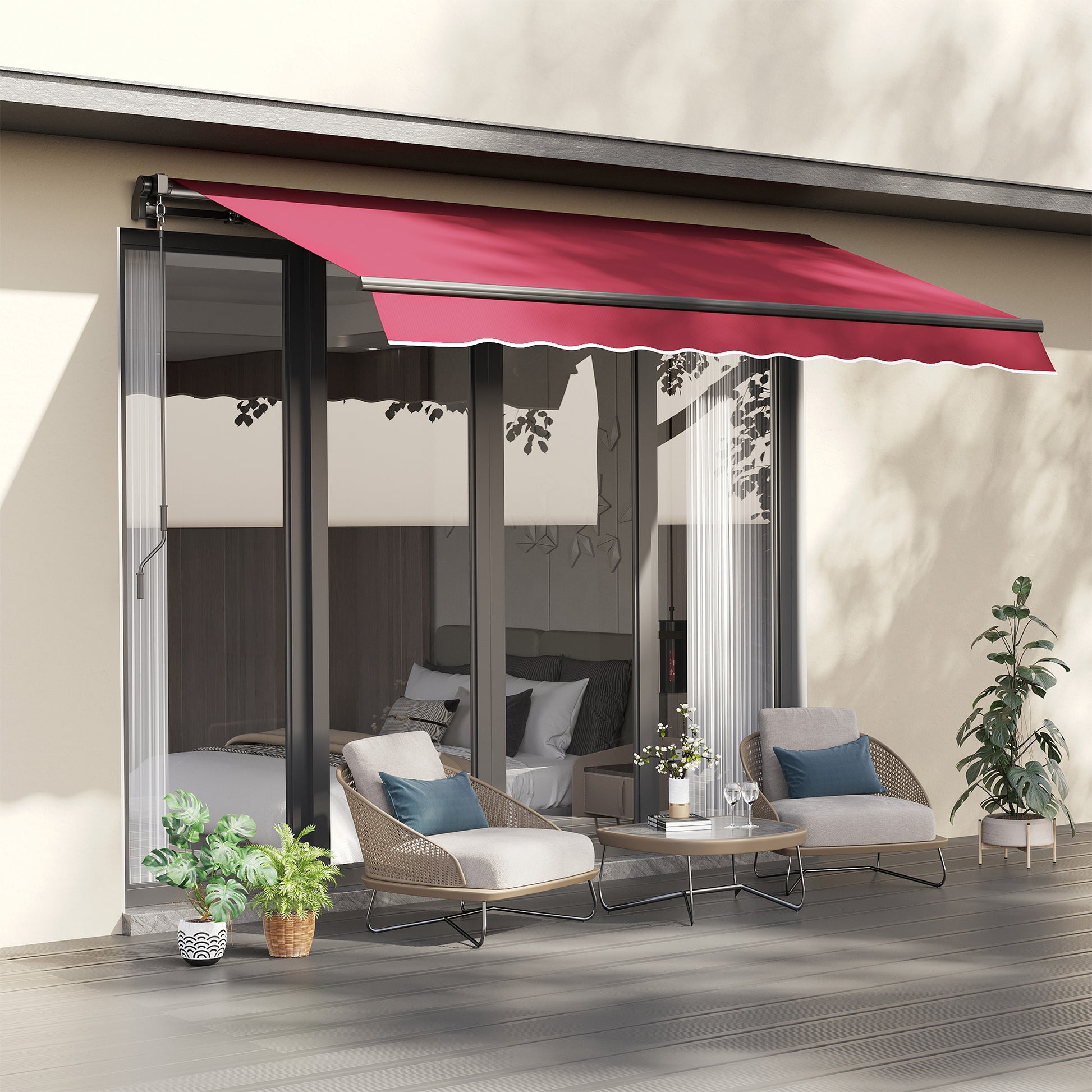 Outsunny 10' X 8' Retractable Awning, Patio Awnings, Sunshade Shelter W Manual Crank Handle, Uv & Water Resistant Fabric And Aluminum Frame For Deck, Balcony, Yard, Red Red Aluminum