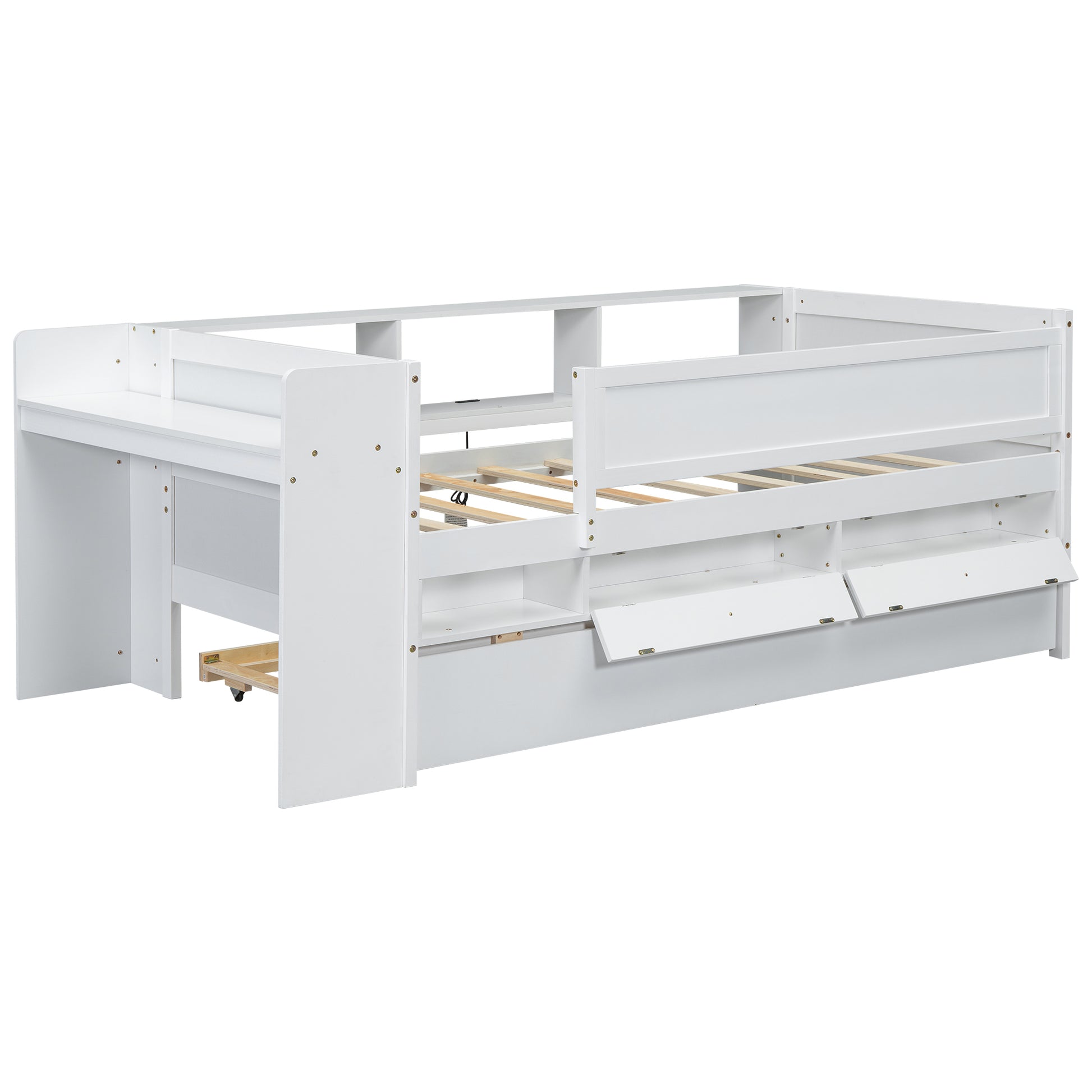 Multi Functional Twin Daybed With Drawers And Trundle, Headboard Storage And Tables, Usb Charging Station, White Box Spring Not Required Twin White Wood Daybeds Pine