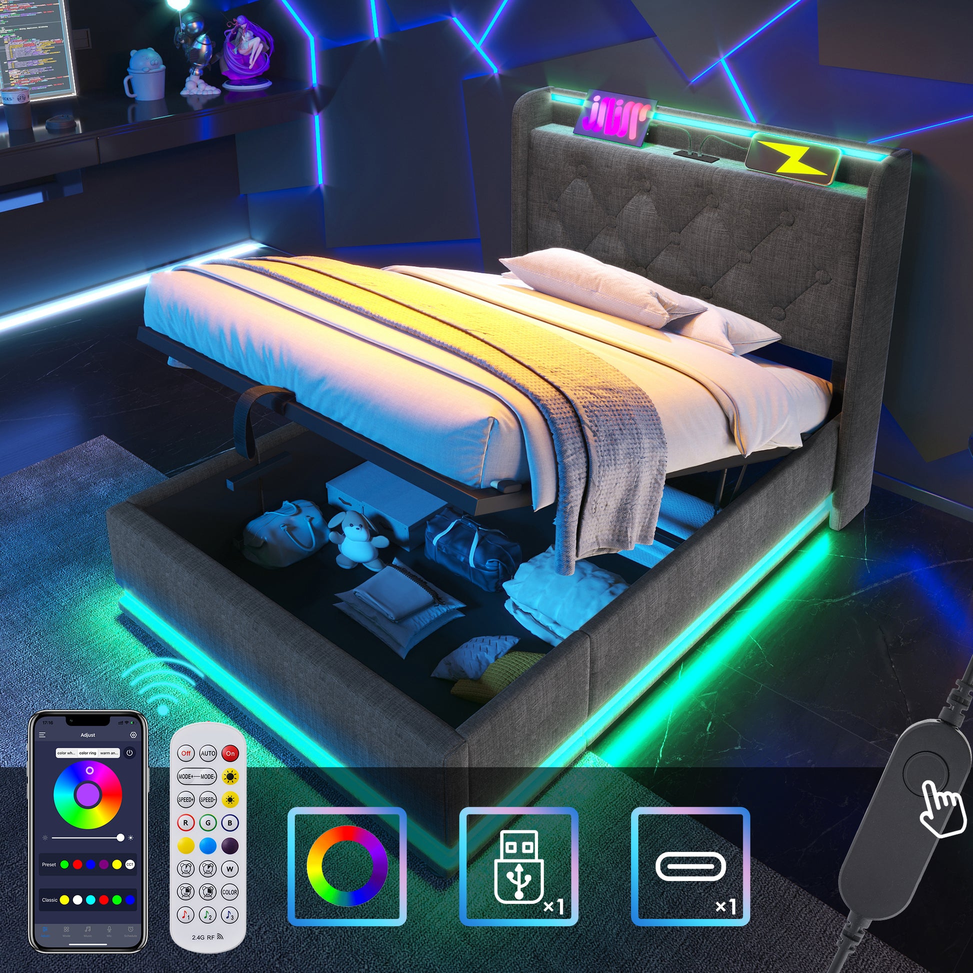 Twin Size Upholstered Bed, 360 Surround Led Function, Buttons Apps Remote Control, Hydraulic Storage Bed With Usb Type C Charging, Gray,Linen Without Mattress Twin Gray Linen