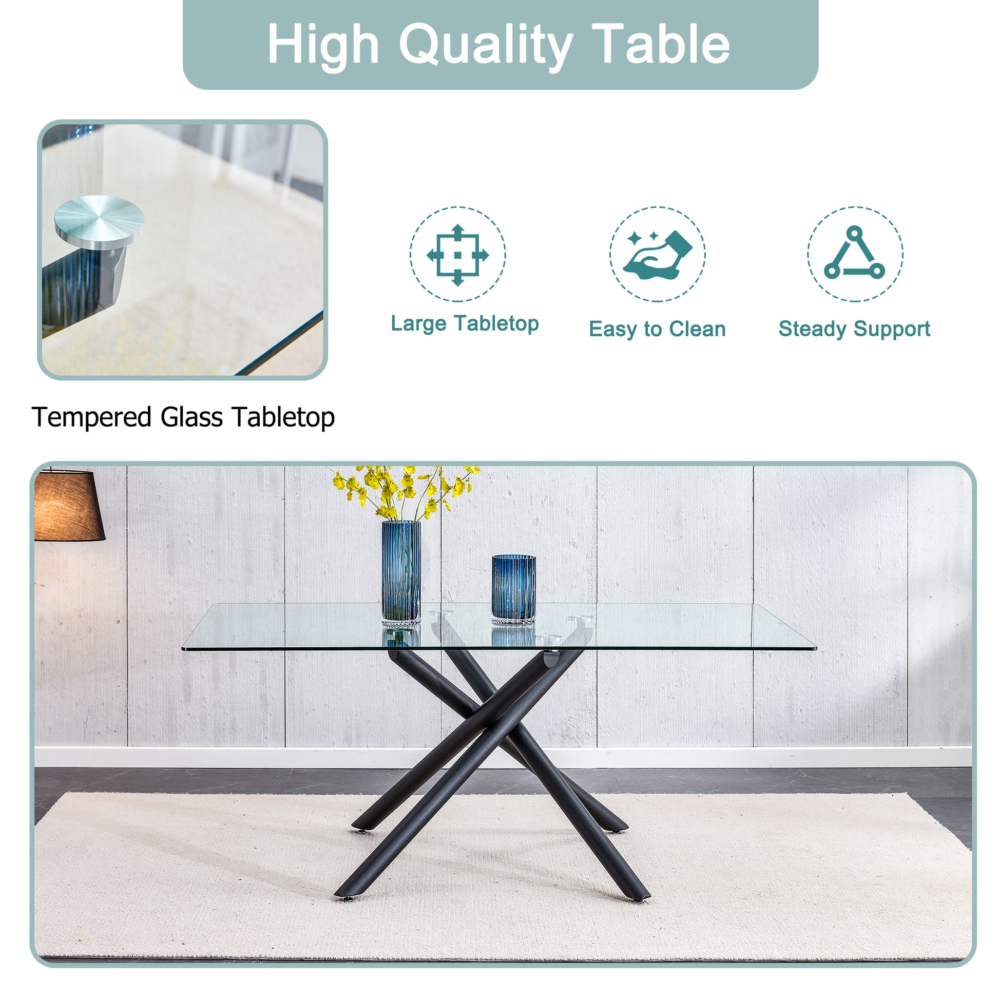 Large Modern Minimalist Rectangular Glass Dining Table For 6 8 With 0.39" Tempered Glass Tabletop And Black Color Metal Legs, For Kitchen Dining Living Meeting Room Banquet Hall Black Glass