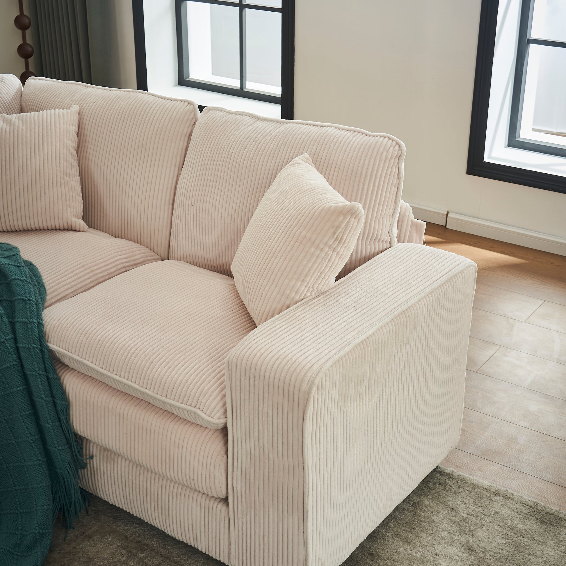 Modern U Shaped 6 Seat Sectional Sofa Couch With One Ottoman And Three Toss Pillows ,Modular Sofa For Living Room,Corduroy Sofa White Corduroy 7 Seat