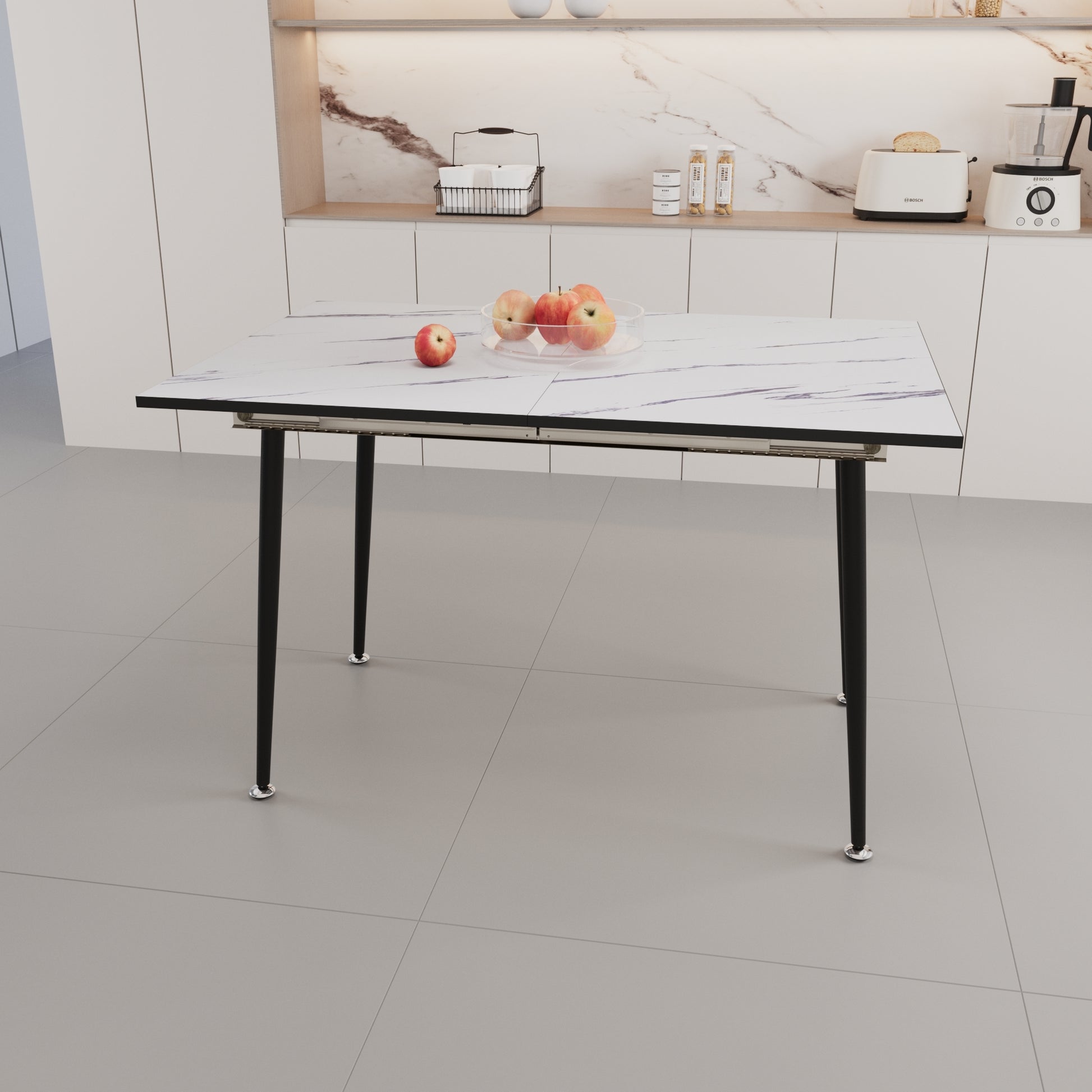 63" Mdf Square White Marble Pattern Stretchable Dining Table, Modern Industrial Kitchen And Dining Table, Equipped With Tapered Black Metal Legs White Mdf