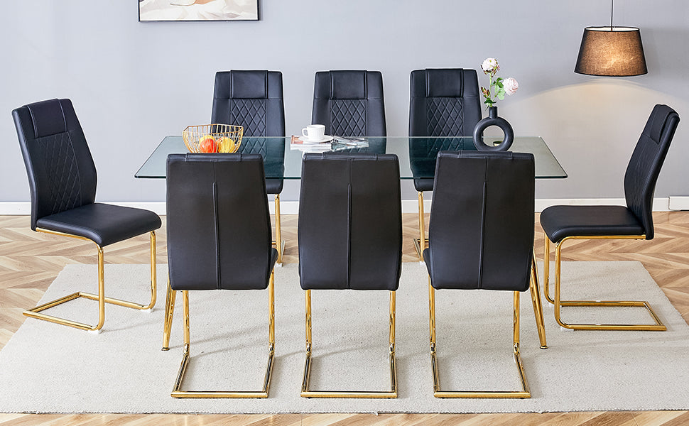 Table And Chair Set.Modern Rectangular Glass Dining Table With A Tempered Glass Tabletop And Metal Legs, Paired With Multiple Chairs Designed With Pu Cushions And Golden Metal Legs. Black Gold Seats 8 Tempered Glass
