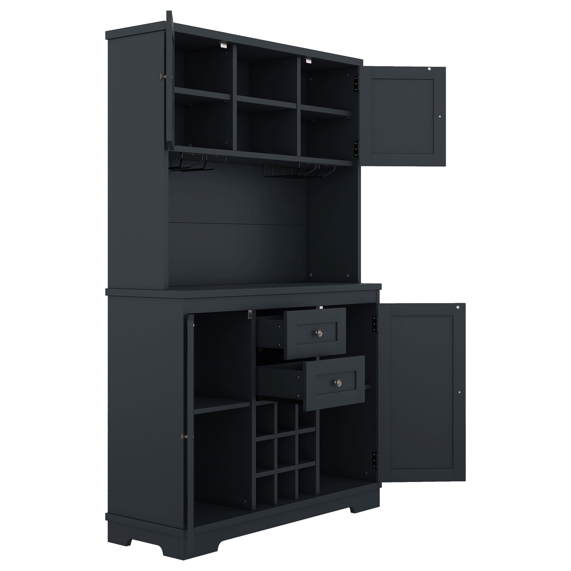 Coffee Bar Cabinet Kitchen Cabinet With Storage, Farmhouse Wine Cabinet With Drawers Shelves And Cabinets, Buffet Cabinet Wine & Glass Racks For Dining Room, Kitchen, Dark Blue Antique Blue Particle