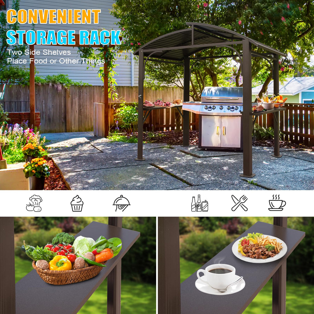 8X5Ft Arc Roof, Grill Canopy For Outdoor Grill W Double Galvanized Steel Roof And 2 Side Shelves, Bbq Gazebo Grill Tent For Patio Garden Backyard, Brown Brown Garden & Outdoor Uv Resistant Metal