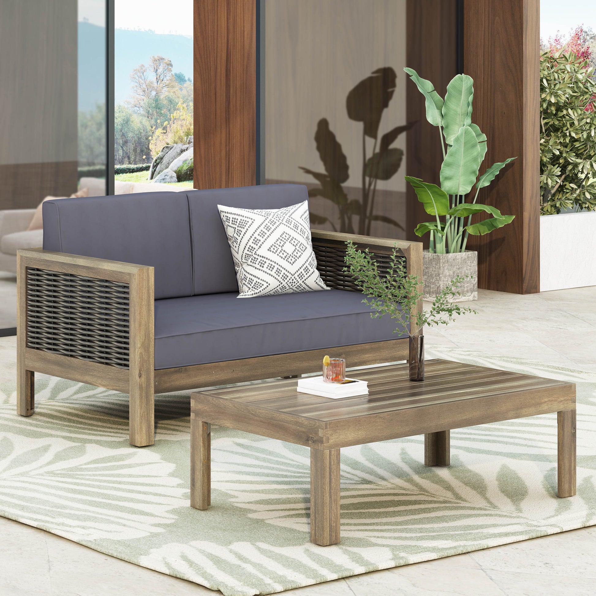 Outdoor Acacia Wood And Wicker Loveseat And Coffee Table Set With Cushions, Gray Mixed Gray Dark Gray Gray Acacia Wood