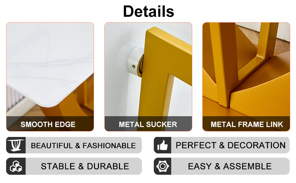 Modern And Simple Rectangular Glass Dining Table In White With A Pattern, 0.39 "White Top And Gold Legs, Suitable For Entrance And Living Room. White Glass