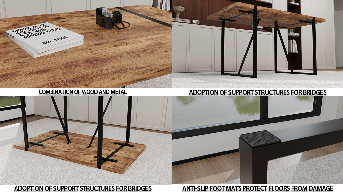 55 "Rural Industrial Rectangular Mdf Dark Wood Dining Table, 4 6 People, 1.5" Thick Engineering Wood Tabletop And Black Rectangular Metal Legs, Used For Writing Desk, Kitchen, Terrace, Dining Room Wood Kitchen Mdf