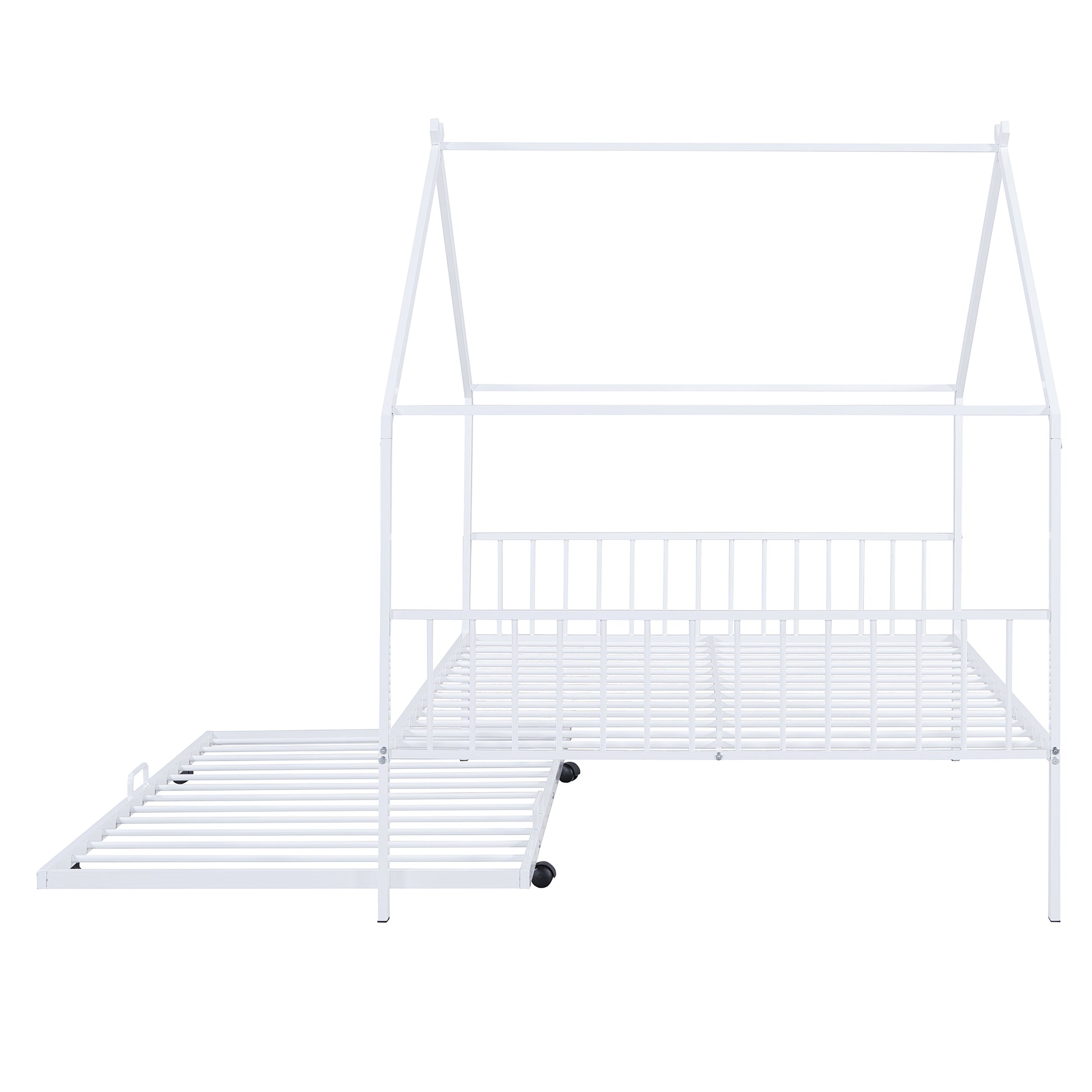 Full Size Metal House Bed With Twin Size Trundle, White Full White Metal