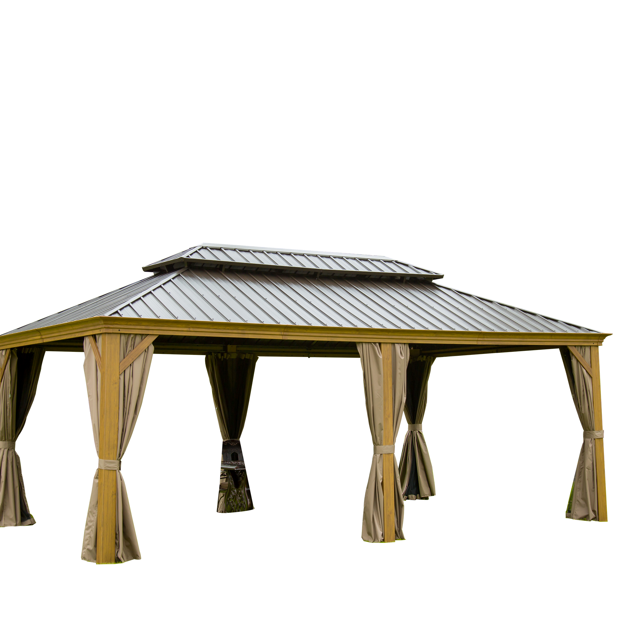 Outdoor Living 14X20Ft Hardtop Gazebo, Permanent Metal Gazebo With Galvanized Steel Double Roof And Aluminum Frame, Curtain And Netting, Large Pavilion Gazebo, Wood Looking Yellow Brown Aluminium