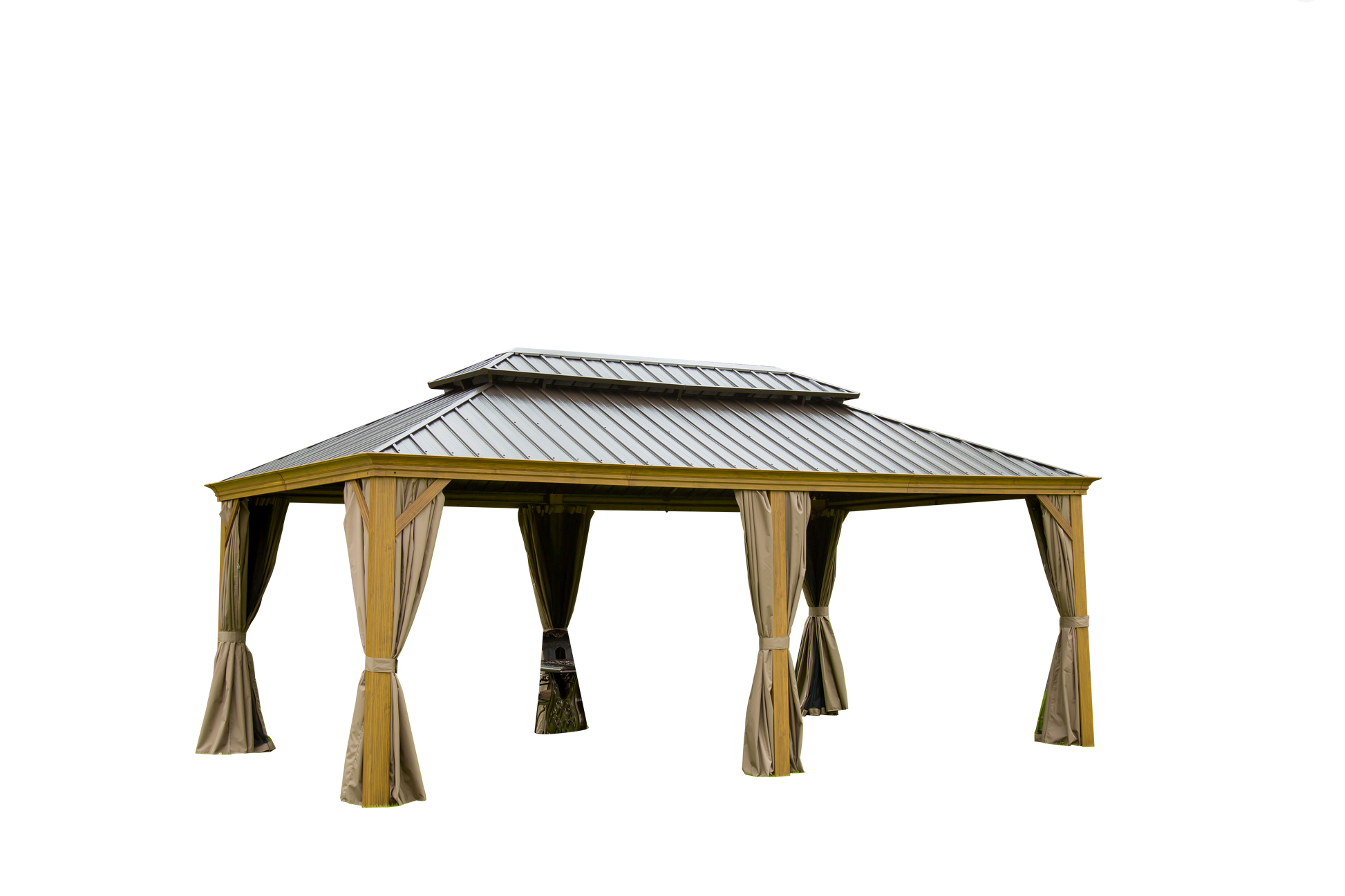 Outdoor Living 14X20Ft Hardtop Gazebo, Permanent Metal Gazebo With Galvanized Steel Double Roof And Aluminum Frame, Curtain And Netting, Large Pavilion Gazebo, Wood Looking Yellow Brown Aluminium
