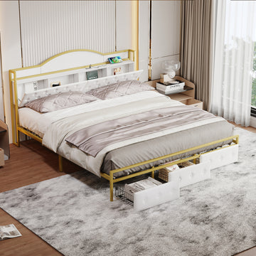 Metal Platform Bed With 3 Drawers, Storage Headboard, King, Gold King Gold White Fabric Metal
