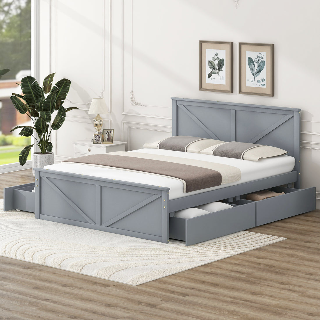 Queen Size Wooden Platform Bed With Four Storage Drawers And Support Legs, Gray Queen Gray Pine