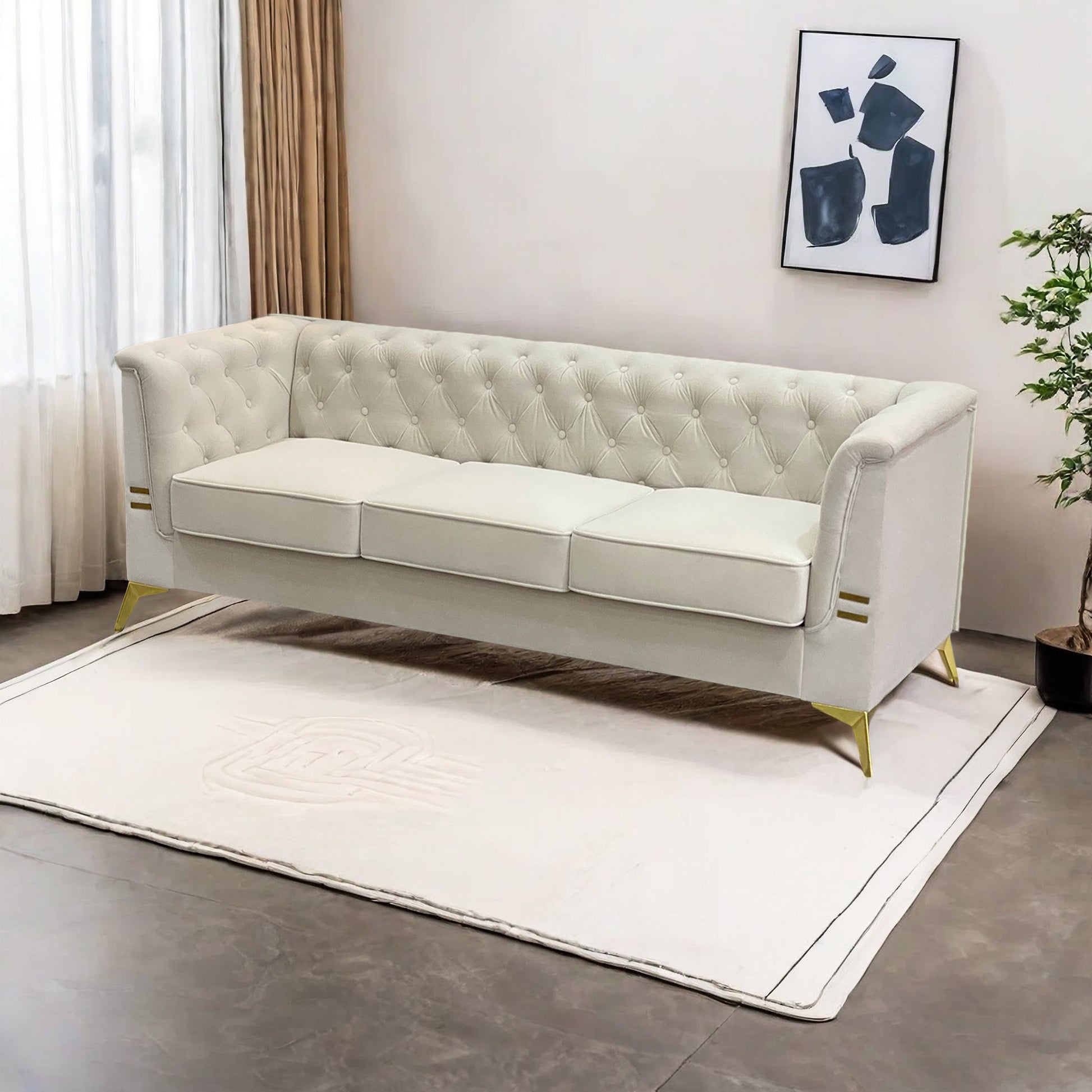Fx P83 Cw Sofa Modern Velvet Living Room Chesterfield Design 82.7Inch Wide Sofa Cream White Color Beige Velvet 3 Seat