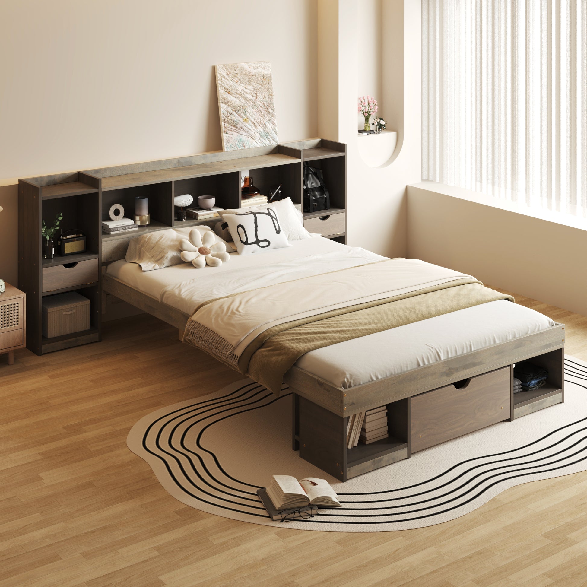 Queen Size Wood Platform Bed With Multi Storage Headboard And A Drawer, Gray Box Spring Not Required Queen Gray Wood Bedroom Bed Frame Solid Wood Mdf