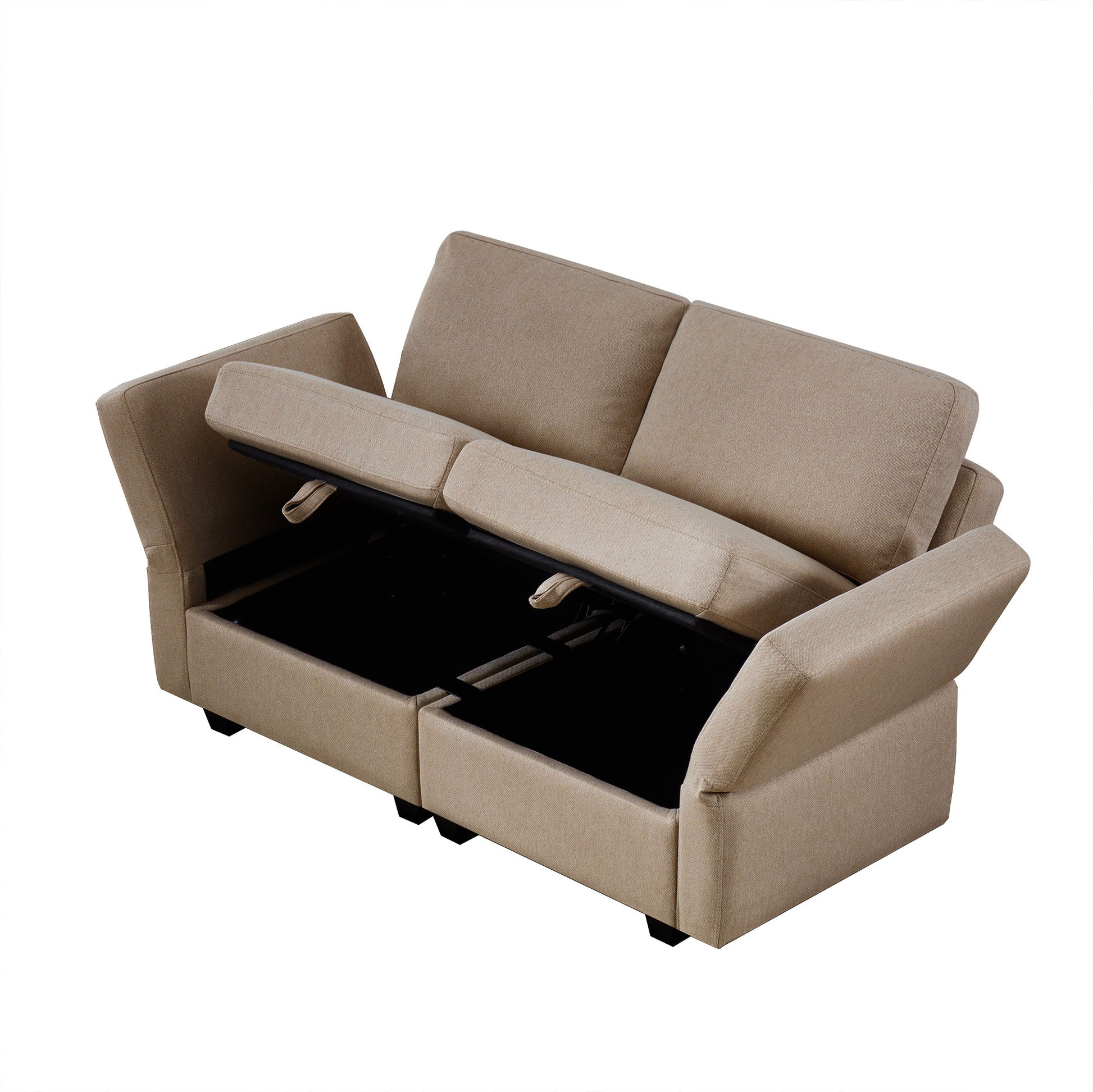 Contemporary Modern Chic Upholstered Fabric Sofa With Storage Seats And Storage Ottomans, 2 Seater Sofa Fabric Couch With Adjustable Arms And Backs For Living Room Brown Brown Polyester 2 Seat