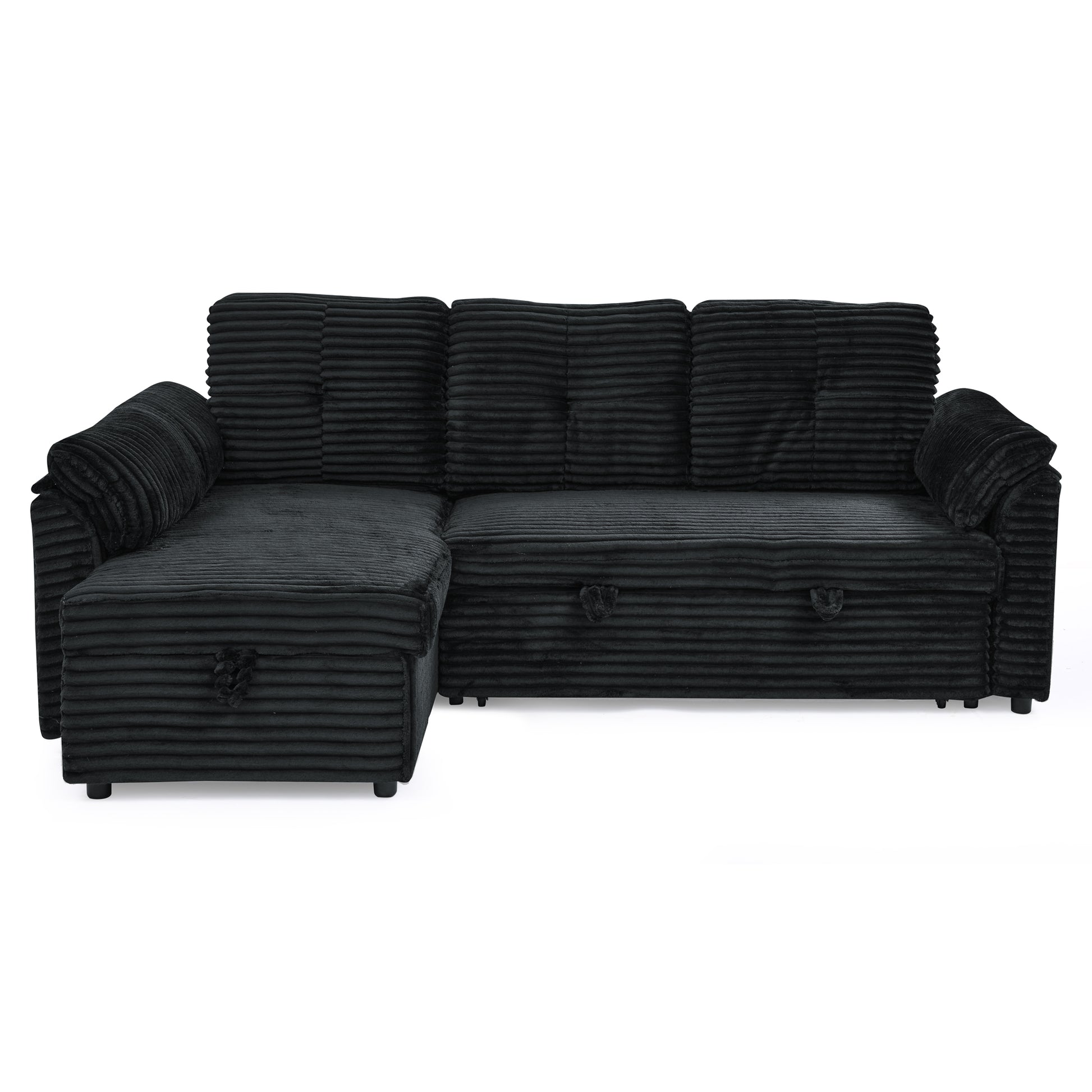 Corduroy Tufted Upholstered Sleeper Sectional Sofa, L Shaped Modular Convertible Sofa With Reversible Storage Chaise, Pull Out Sleep Couch Bed And Reclining Backrest Perfect For Living Space, Black Full Black Corduroy
