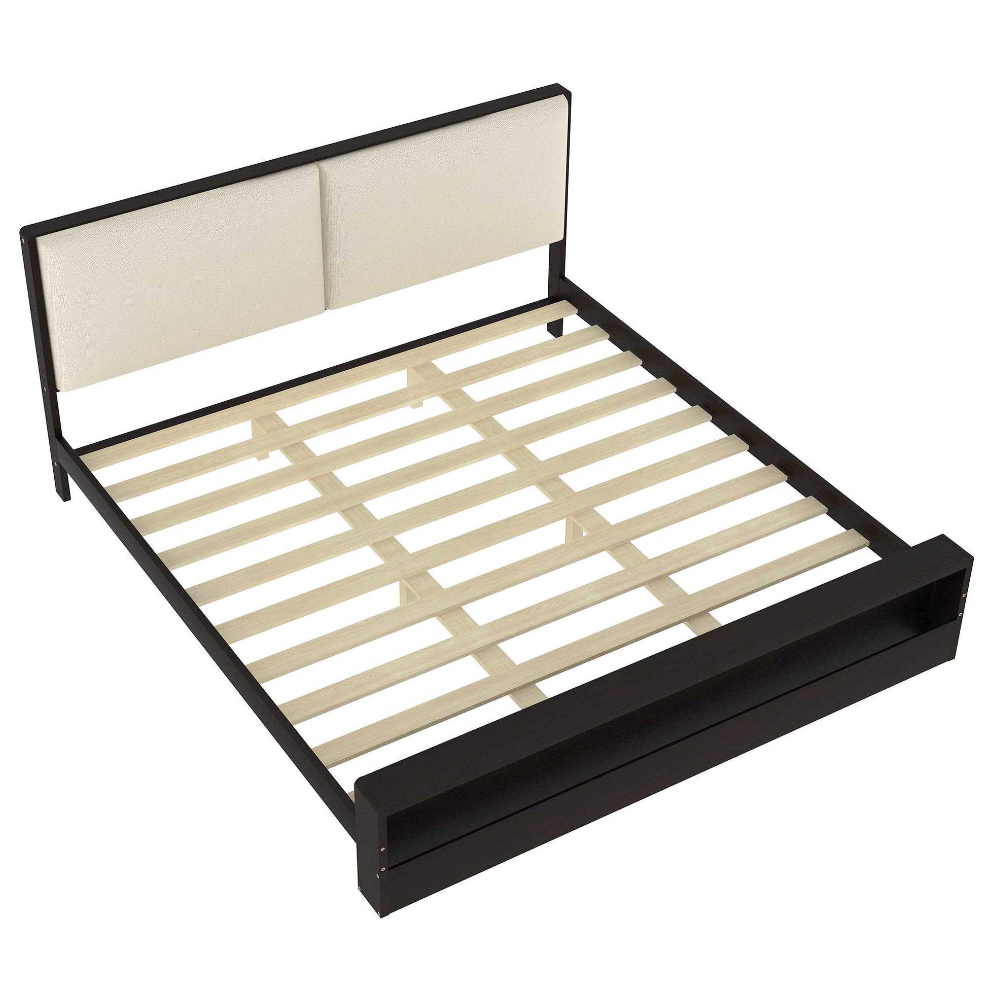 King Size Platform Bed Frame With Upholstery Headboard And Bookshelf In Footboard And Led Light Strips, Espresso King Espresso Solid Wood Mdf