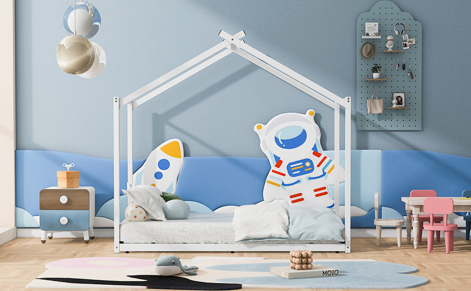 Metal Twin Size House Platform Bed With Trundle, White Box Spring Not Required Twin White Metal Bed Frame Metal