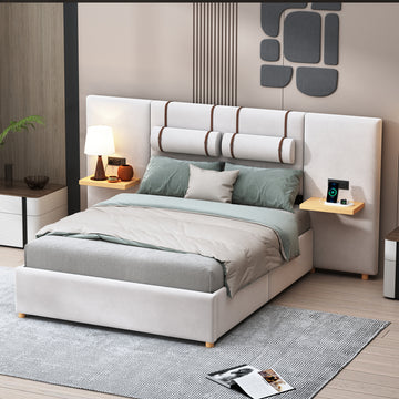 Full Size Upholstered Platform Bed, Two Outlets And Usb Charging Ports On Both Sides, Two Bedside Pillows, Storage Shelves,Velvet,Beige Full Beige Mdf Lvl