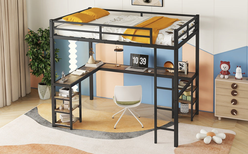 Full Xl Metal Loft Bed With Desk And Shelves, Loft Bed With Ladder And Guardrails, Loft Bed Frame For Bedroom, Black Full Xl Black Metal