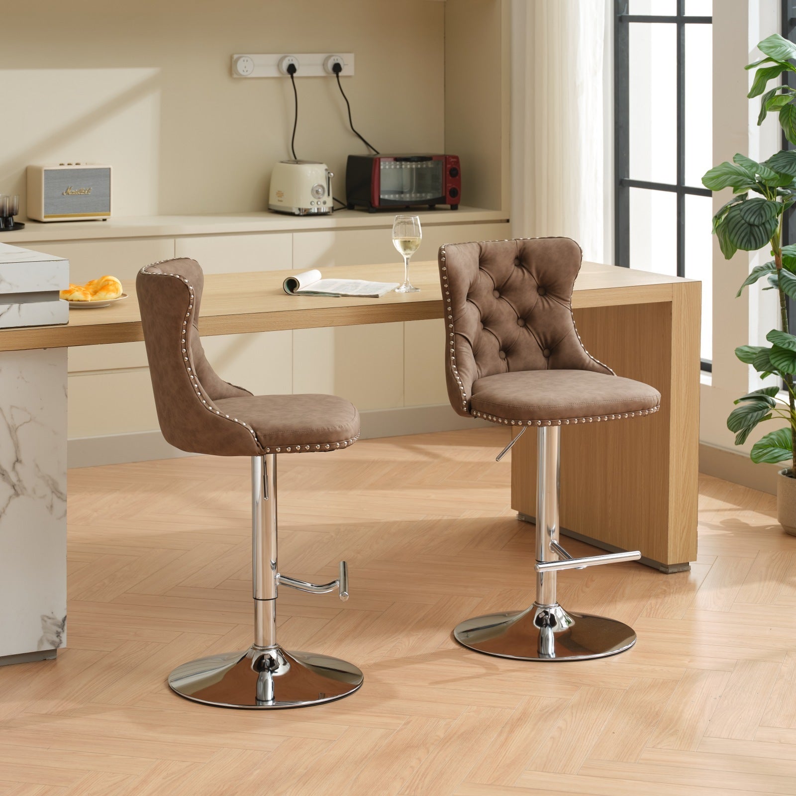 Swivel Pu Leather Barstools Adjusatble Seat Height From 25 33 Inch, Chrome Base Bar Stools With Backs Comfortable Tufted For Home Pub And Kitchen Island, Beige,Set Of 2,1512Br Brown Dining Room American Design Bar Stools Wing Back Set Of 2 Foam Pu