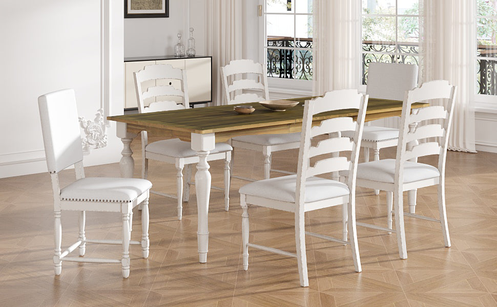 Vintage Traditional 7 Piece 82.7Inch Extendable Dining Table Set With 23.6Inch Removable Leaf, 4 Serrated Back Chairs And 2 Upholstered Back Dining Chairs For 6, Cream Brown Wood Dining Room Distressed Finish Rubberwood Rectangular Dining Table With