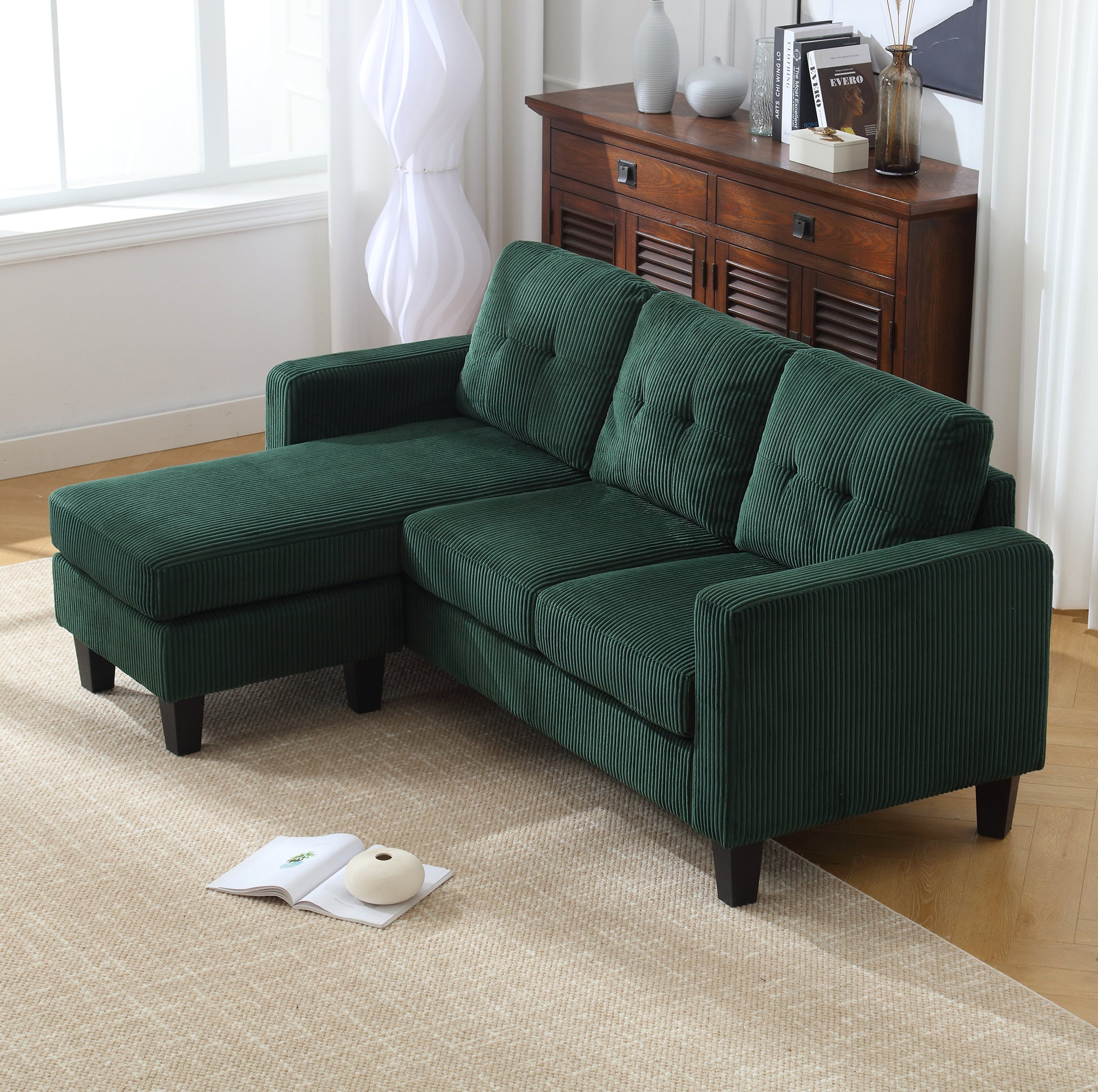 Velvet Sectional Couchl Shaped Sofa With Ottoman For Small Apartment Emerald Velvet 3 Seat