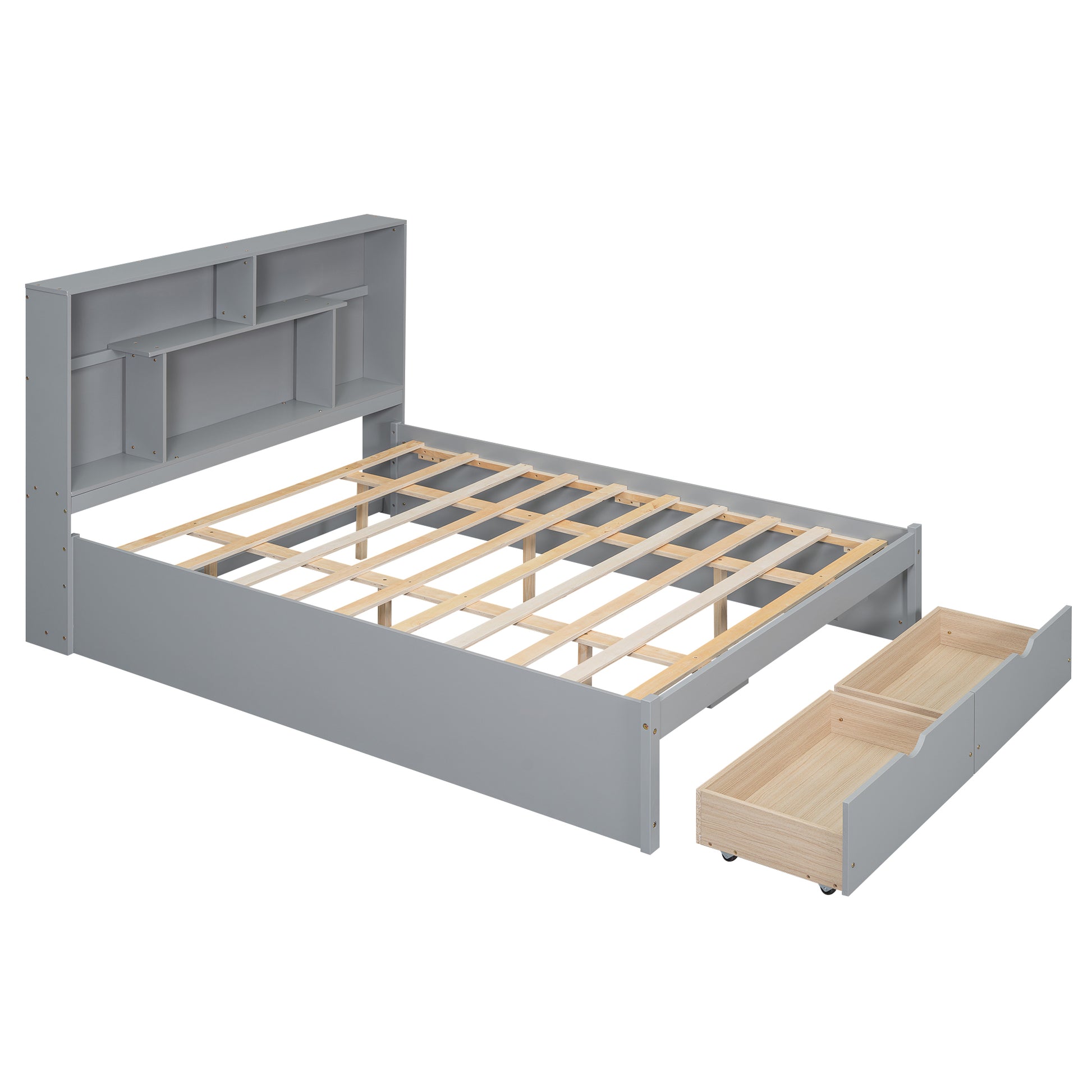 Queen Size Platform Bed With Storage Headboard And 2 Drawers, Gray Box Spring Not Required Queen Gray Wood Bedroom Bed Frame Solid Wood Mdf