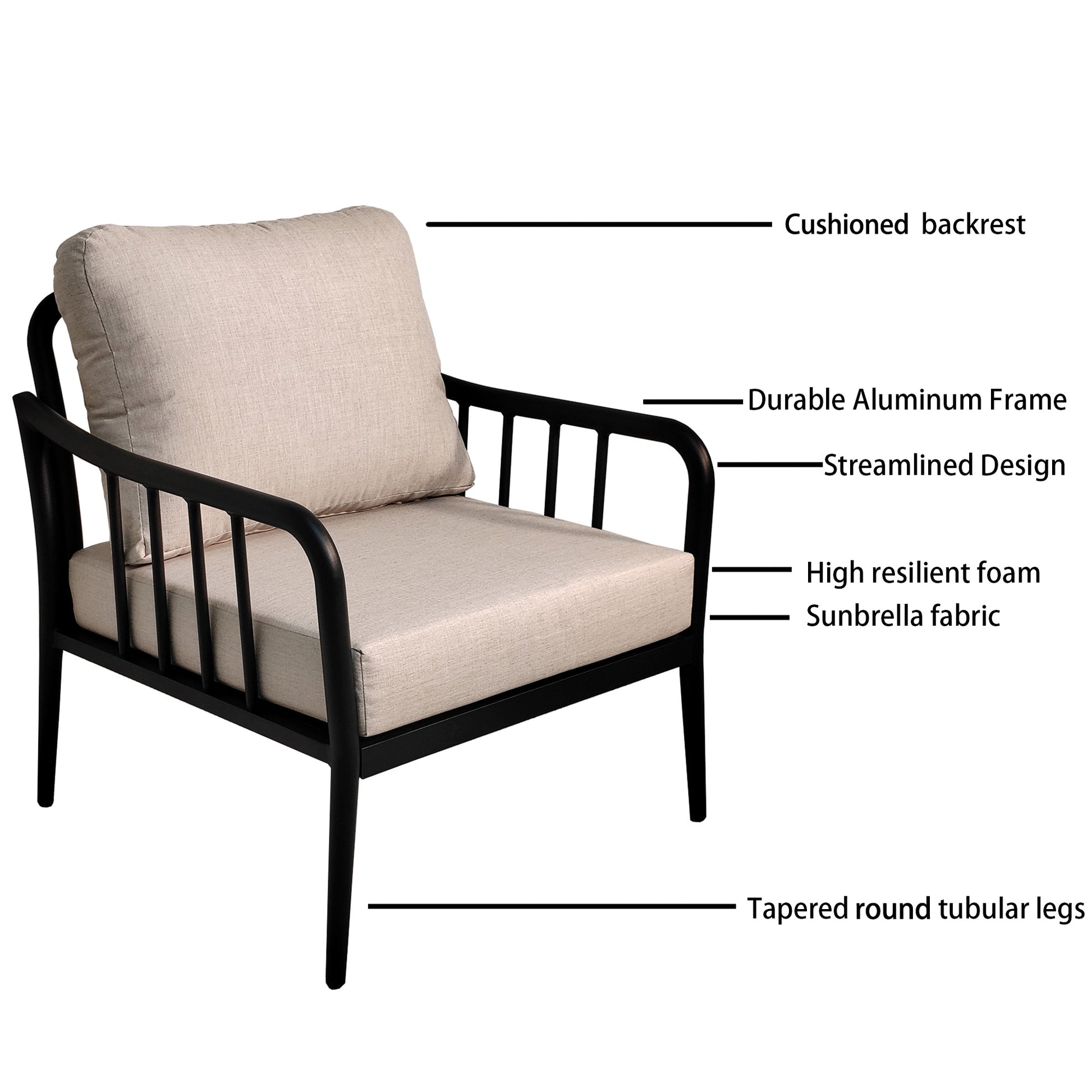 5Pc Outdoor Aluminum Patio Furniture,Modern Chat Sofa Conversation Set,Removable Sunbrella Cast Silver Fabric Cushions And Table With White Carrara Marble Look Sintered Stone Top,Ember Black Yes Deep Seating Ember Black Rust Resistant Frame Fade