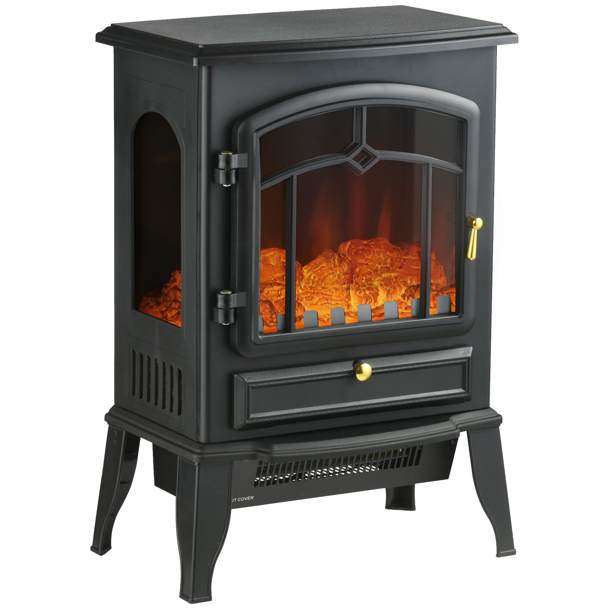 Homcom Electric Fireplace Stove, 22" Freestanding Fireplace Heater With 3 Sided Realistic Flame, Overheating Protection, Adjustable Temperature, Portable, 750W 1500W, Black Black Abs