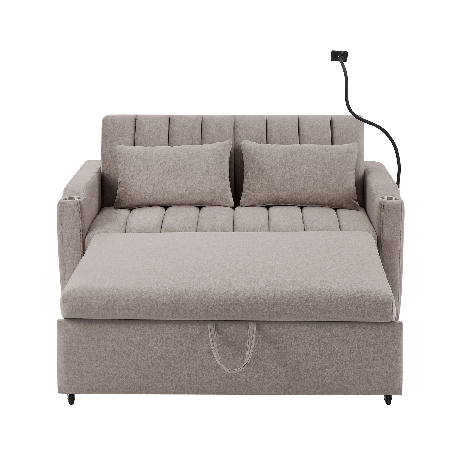 55.9" Convertible Sofa Bed Loveseat Sofa With Three Usb Ports, Two Side Pockets, Two Cup Holders And 360 Swivel Phone Holder For Living Room, Light Grey Light Grey Foam Polyester