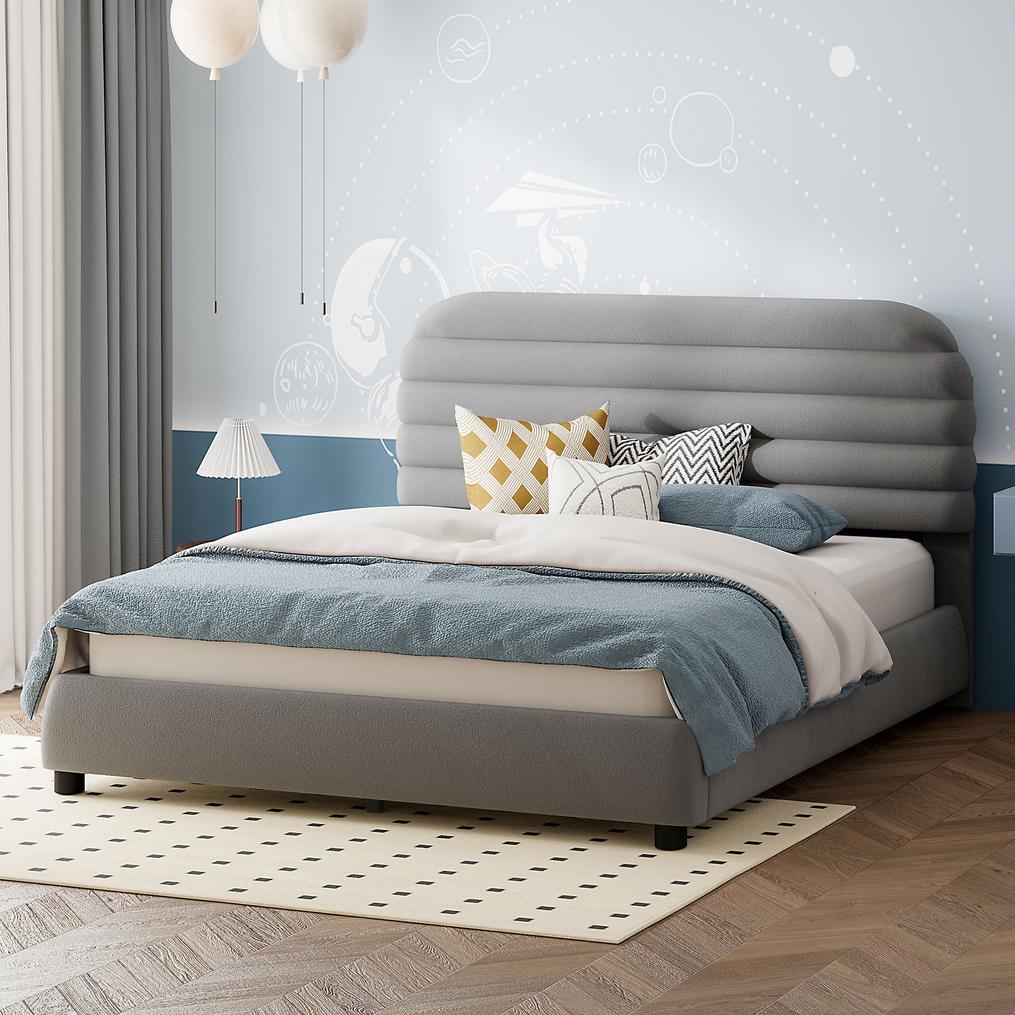 Queen Size Velvet Upholstered Platform Bed,Solid Frame And Stylish Curve Shaped Design, Gray Queen Gray Velvet