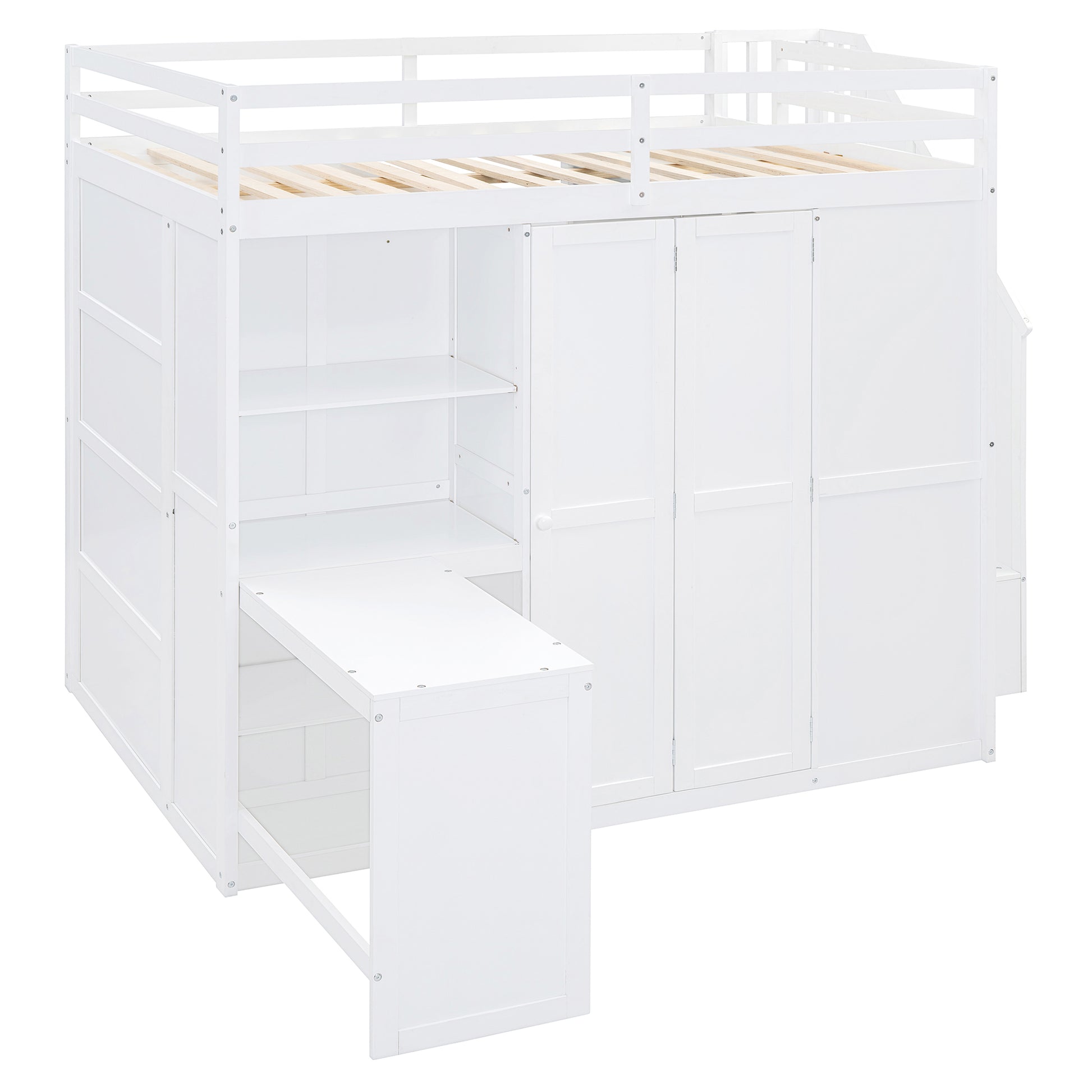 Full Size Loft Bed With Wardrobe,Desk And Shelves,White White Mdf Lvl