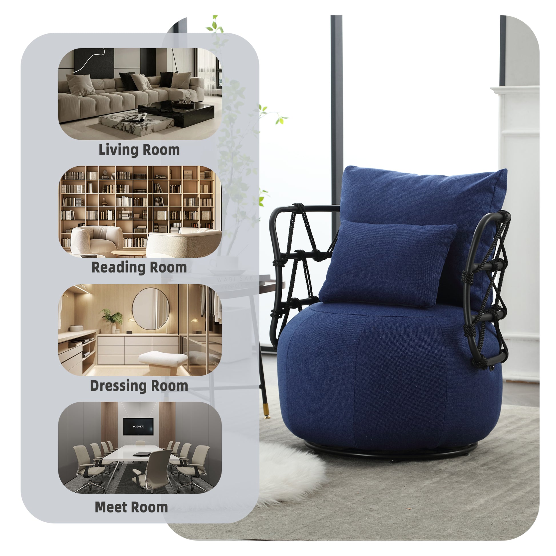 Coolmore Upholstered Tufted Living Room Chair Textured Linen Fabric Accent Chair With Metal Stand Navy Primary Living Space Foam Linen