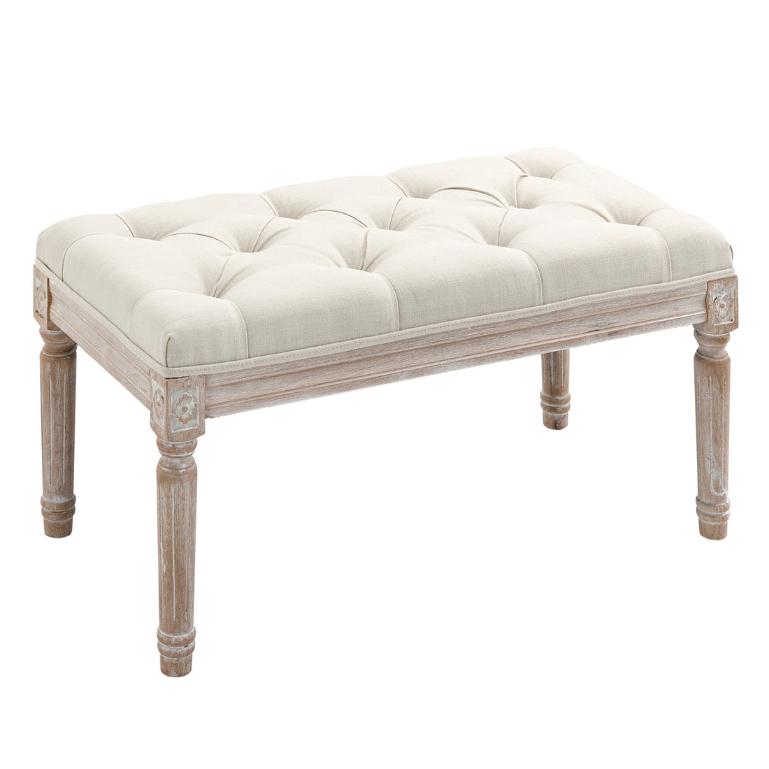 Homcom 32" Vintage Ottoman, Tufted Foot Stool With Upholstered Seat, Rustic Wood Legs For Bedroom, Living Room, Beige Beige Linen