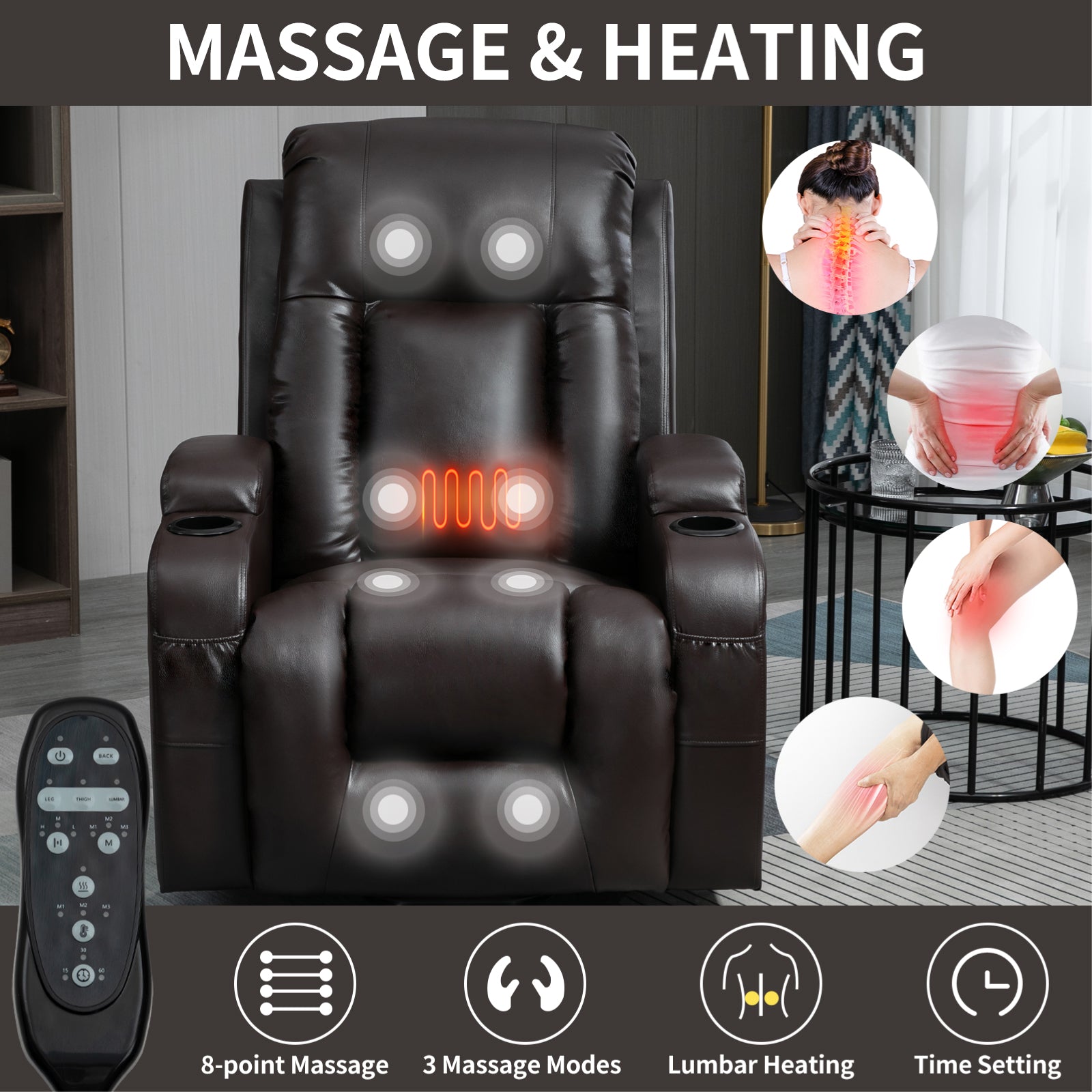 Infinite Position Up To 350 Lbs Power Lift Recliner Chair For Elderly, Heavy Duty Motion Mechanism With 8 Point Vibration Massage And Lumbar Heating, Usb Charging Port, Cup Holders, Brown White Metal Primary Living Space Heavy Duty Pine Brown Faux