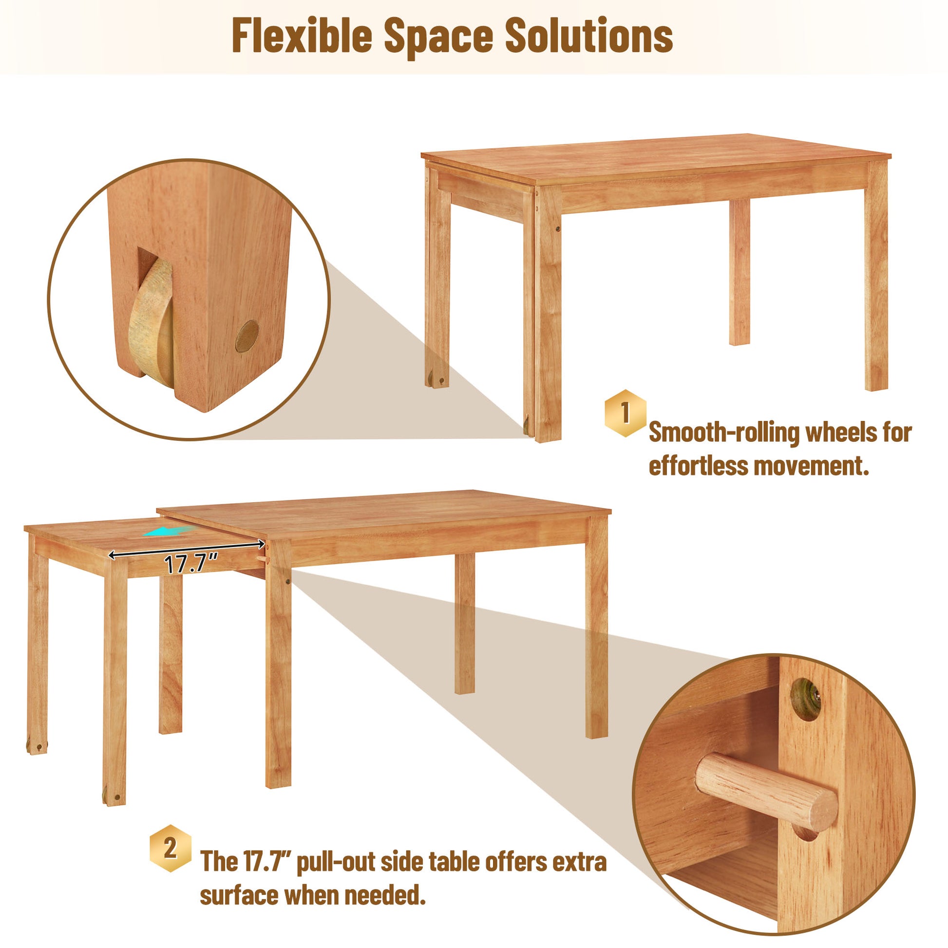 Farmhouse 65" 5 Piece Extendable Dining Table Set With Wheels Kitchen Table Set With 17.7" Pull Out Side Table And Dining Chairs For Small Places, Natural Wood Wood Natural Solid Back Wood Dining Room Solid Wood Rubberwood Rectangular Rectangular Dining