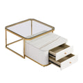 Modern 2 Pieces White Square Nesting Coffee Table With Drawers & Electroplated Gold Legs In 27.6'' Golden White Square Drawers Coffee & End Tables Glossy Square Mdf Glass Mdf Pedestal
