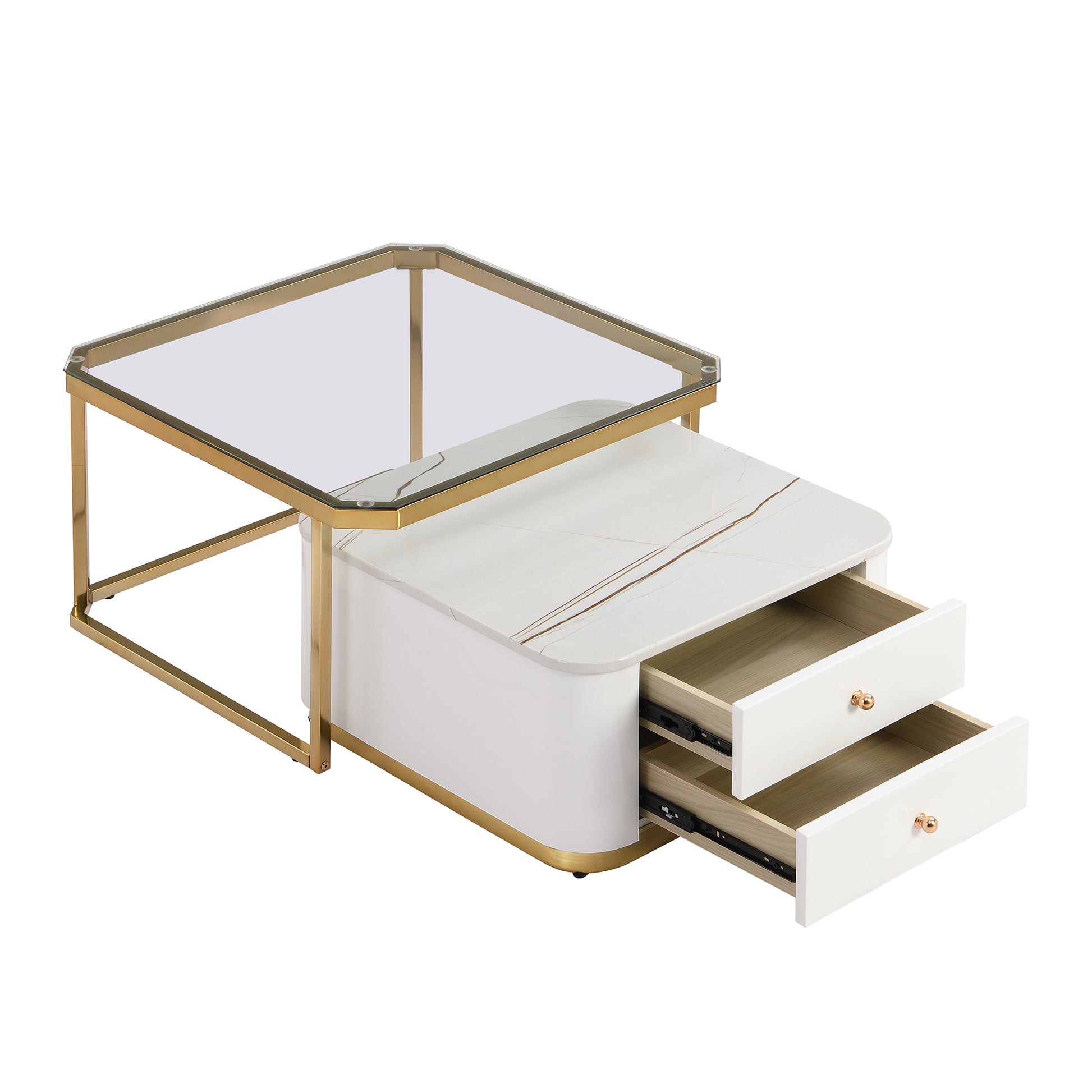 Modern 2 Pieces White Square Nesting Coffee Table With Drawers & Electroplated Gold Legs In 27.6'' Golden White Square Drawers Coffee & End Tables Glossy Square Mdf Glass Mdf Pedestal