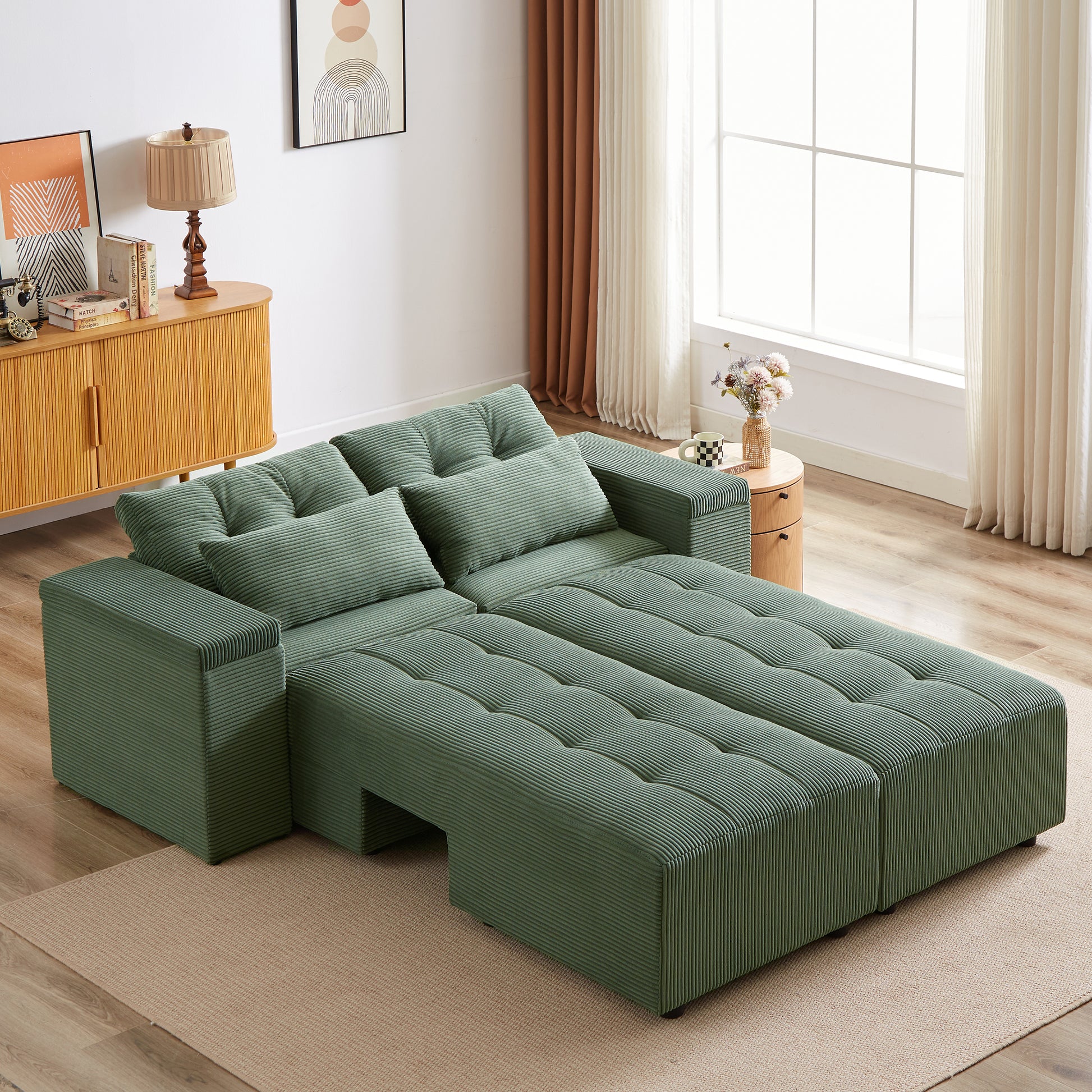 Convertible 3 In 1 Sleeper Sofa And Sectional Sofa With 4 Storage Space For Living Room,Corduroy Couch With 4 Pillows,Corduroy Army Green Corduroy 3 Seat
