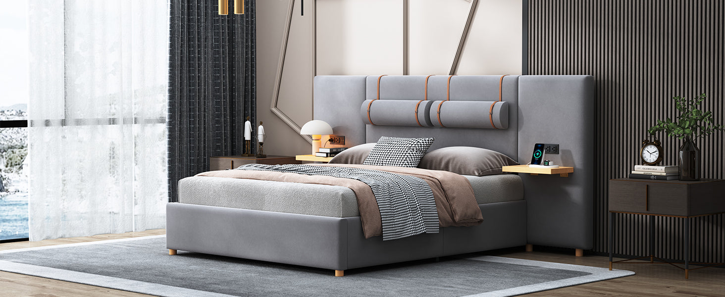 Queen Upholstered Platform Bed, Two Outlets And Usb Charging Ports On Both Sides, Two Bedside Pillows, Storage Shelves, Velvet,Gray Queen Gray Mdf Lvl