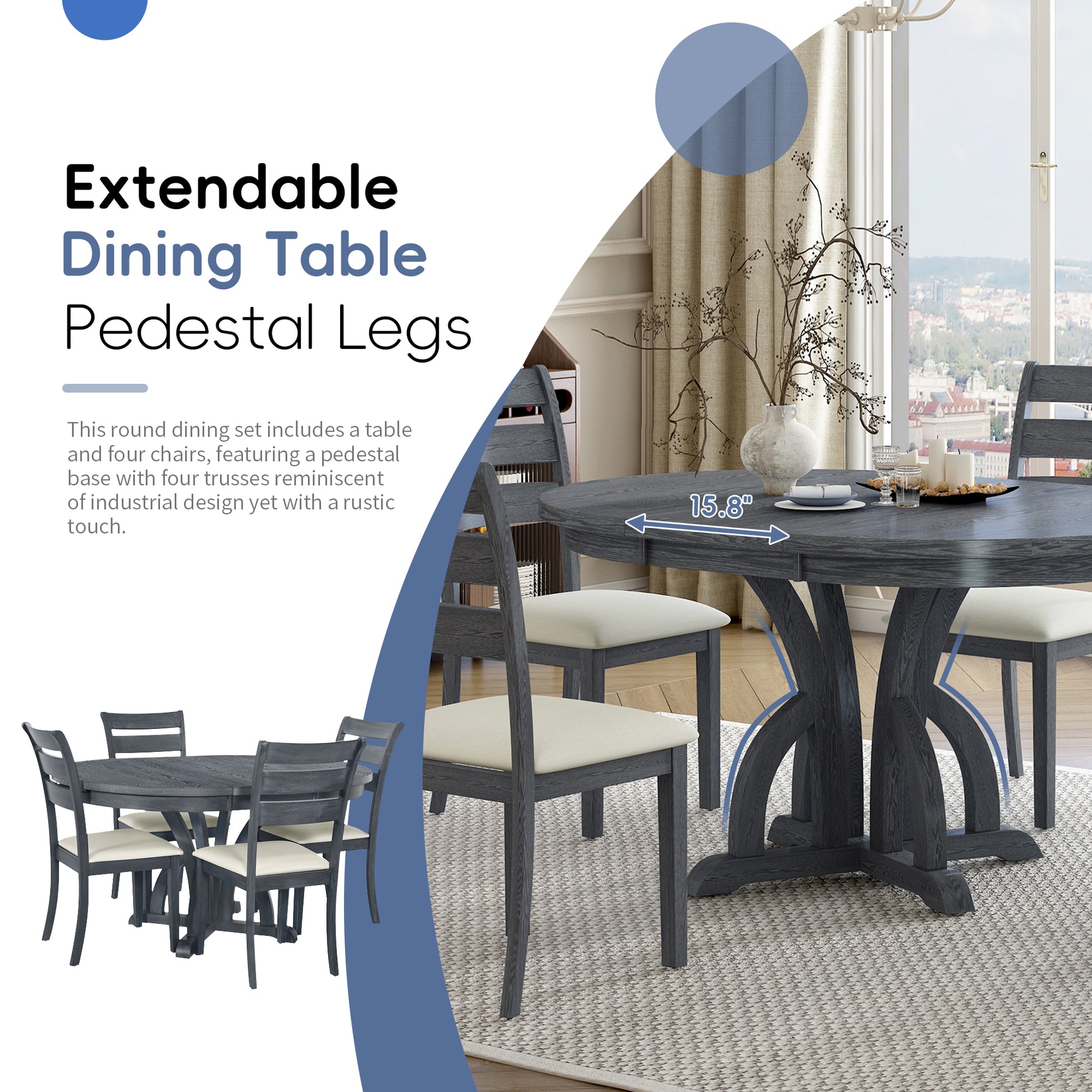 5 Piece Farmhouse Round Pedestal Extending Dining Table Set Extendable Kitchen Table Set With 15.8" Removable Leaf And Ladder Back Dining Chairs For Small Places, Black Wood Dining Room Extendable Rubberwood Oval Dining Table With Chair Upholstered Chair