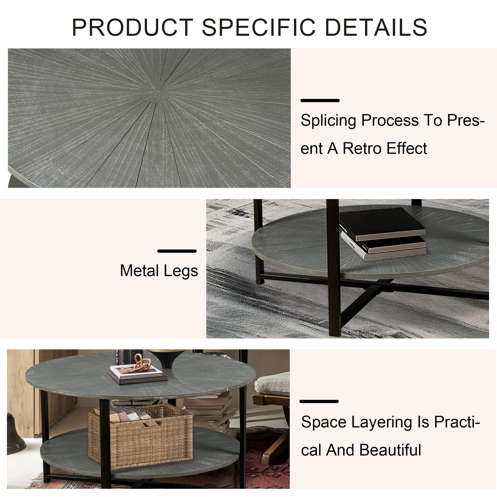 31.5"D X 31.5''W X 18.3''H Round Coffee Table With 2 Tier Storage, Farmhouse Living Room Cocktail Table With Black Metal Leg,Patchwork Desktop Effect Easy Assembly Antique Gray Antique Gray Primary Living Space American Design Floor Mount Round Open