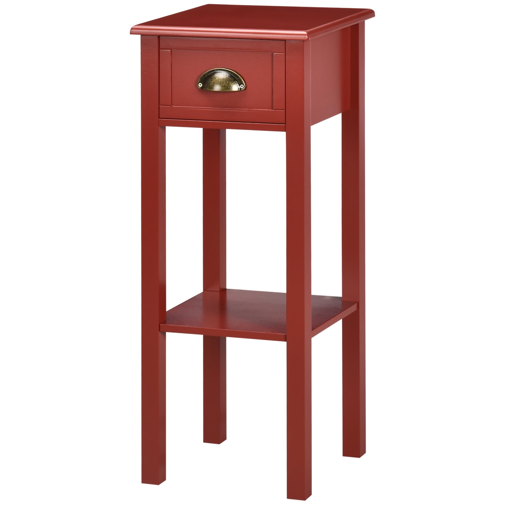 Homcom 2 Tier Side Table With Drawer, Narrow End Table With Bottom Shelf, For Living Room Or Bedroom, Red Red Mdf