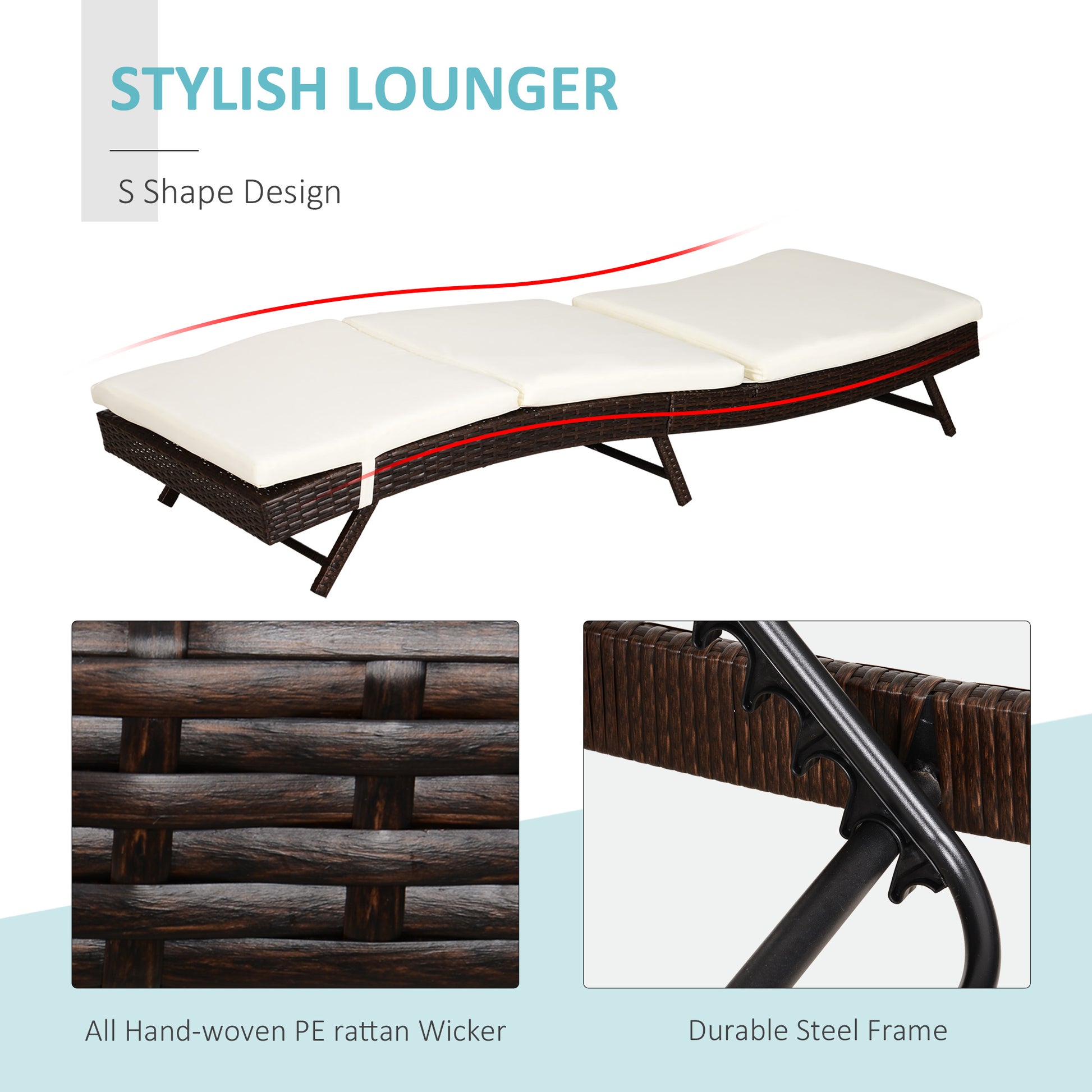 Outsunny Patio Chaise Lounge, Pool Chair With 5 Position Adjustable Backrest & Cushion, Outdoor Pe Rattan Wicker Sun Tanning Seat, 78.75" X 28" X 35", Coffee Dark Coffee Beige Steel