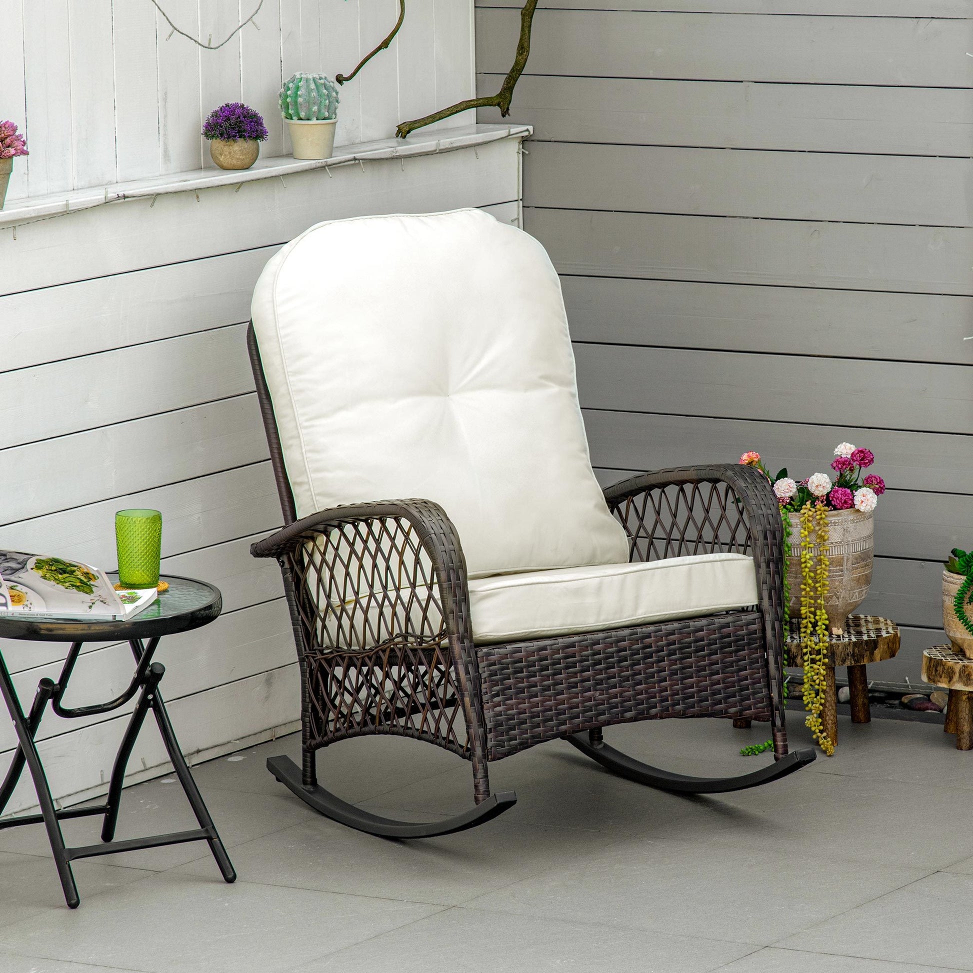 Outsunny Outdoor Wicker Rocking Chair With Wide Seat, Thick, Soft Cushion, Rattan Rocker W Steel Frame, High Weight Capacity For Patio, Garden, Backyard, Cream White Cream White Polyester