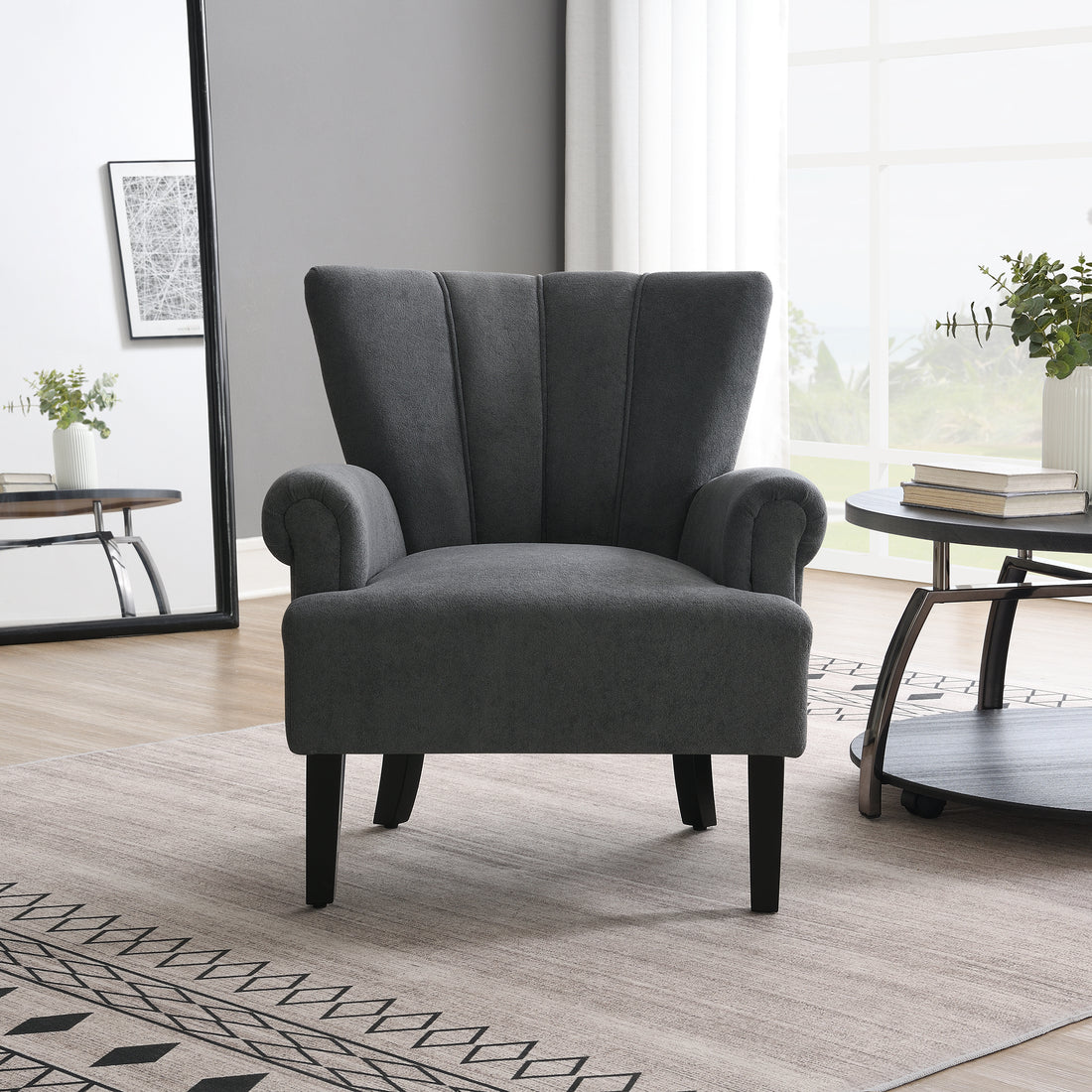 Modern Accent Living Room Chairs,Polyester Armchair Club Chair With Channel Back, Accent Chair For Living Room, Bedroom Reading Room, Soft Fabric, Wooden Leg, Dark Grey Dark Grey Primary Living Space Modern Foam Plywood