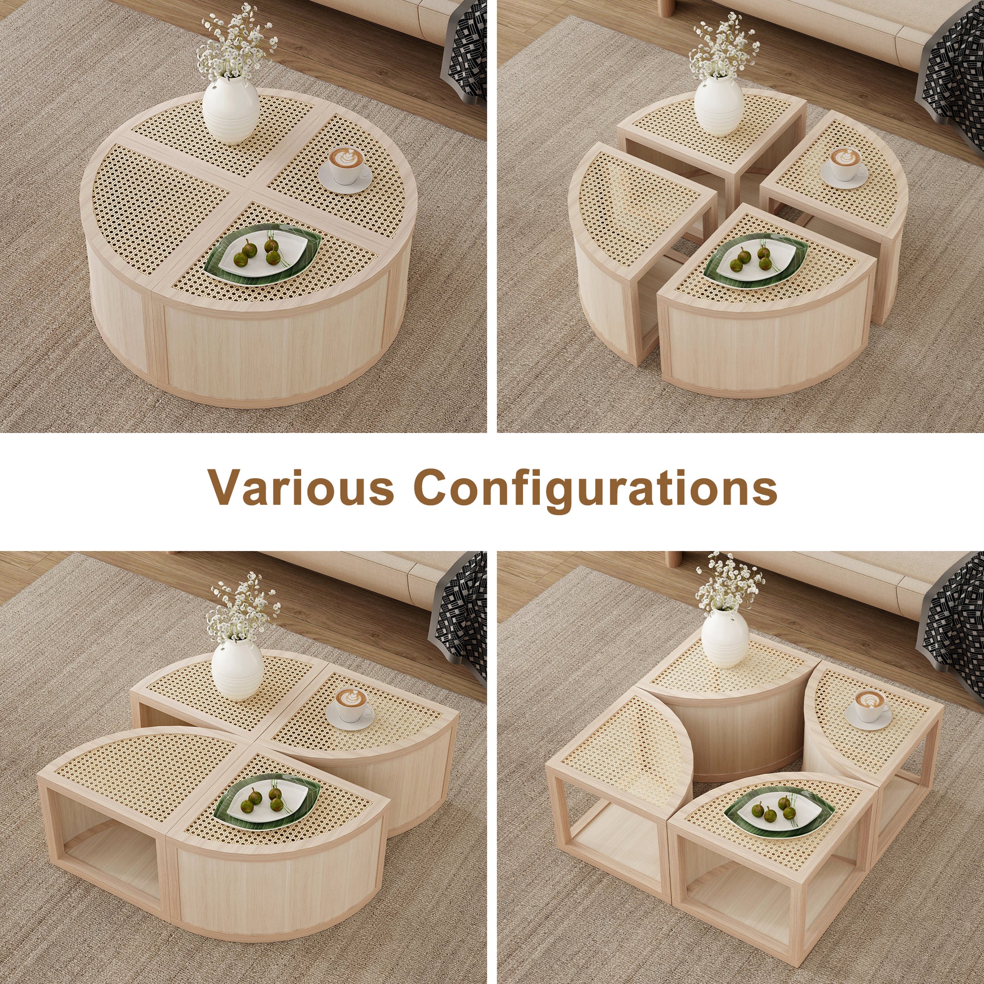 Round To Square Block Modular Coffee Table Light Natural Rattan With Storage 4 Piece Light Natural Rubber Wood
