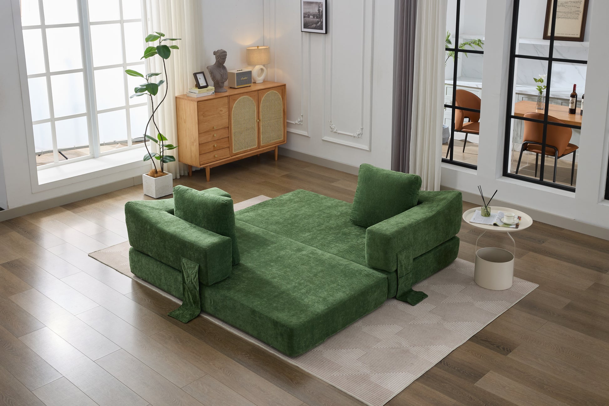 Modern Minimalist Sofa, Fold Out Sofa Bed, Convertible Chair Floor Couch & Sleeping Mattress For Living Room, Bedroom, Apartment, Removable Backrest, Green Green Chenille Soft Vintage Chenille 2 Seat